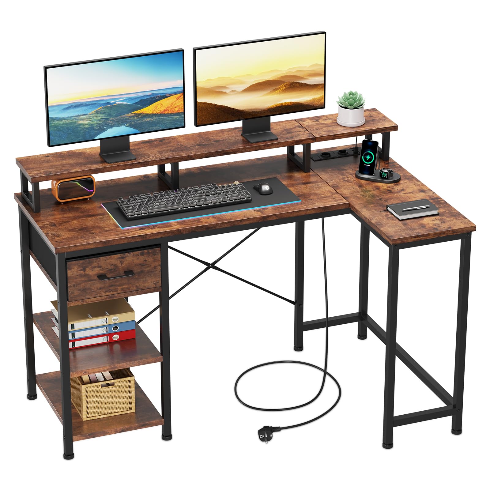 Dripex L-Shaped Corner Computer Desk with USB Charging Port, Monitor Stand & Power Outlet - Perfect for Home Office, Gaming & Study Setup