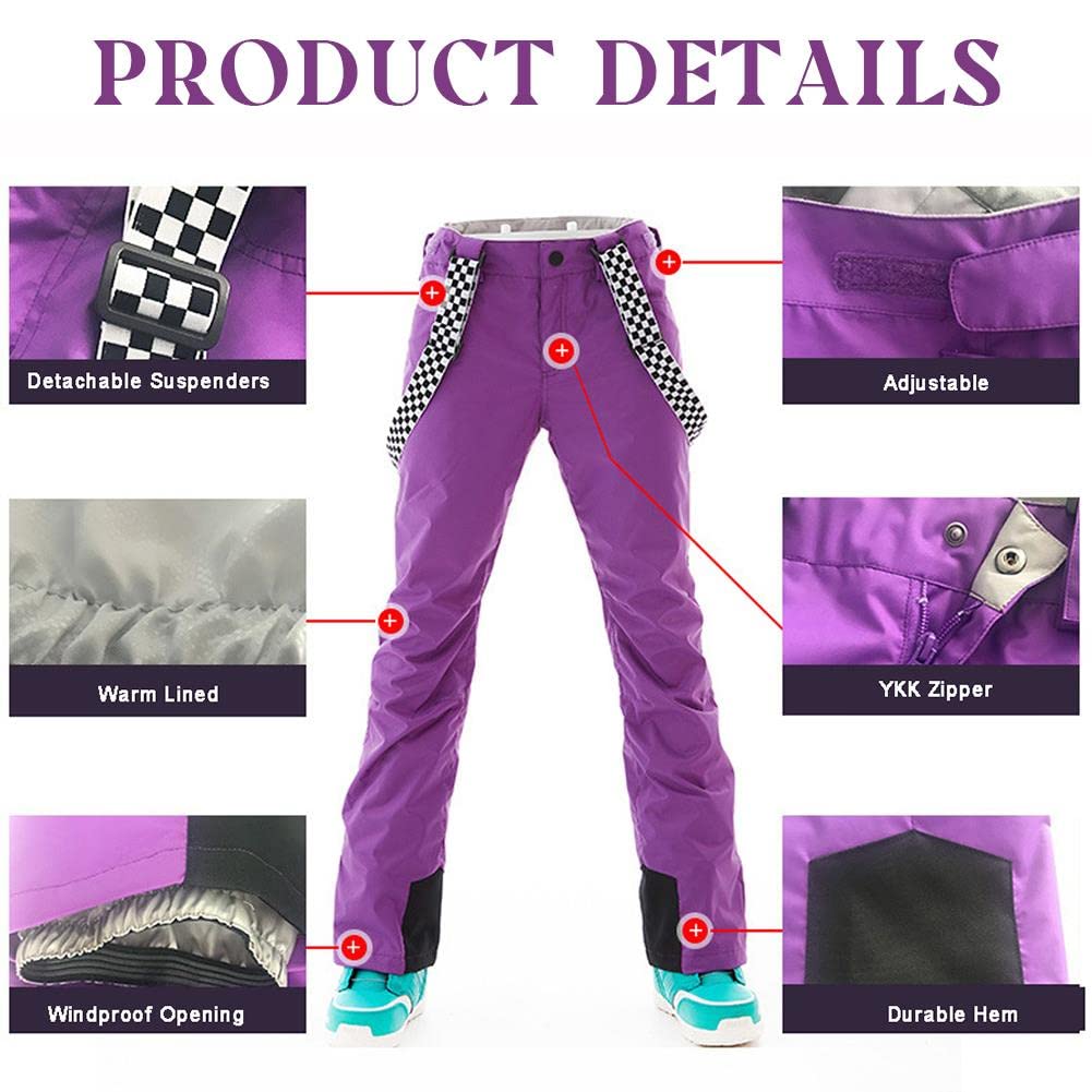 Women's Insulated Waterproof Snow Pants - Windproof Ski Bibs with Detachable Suspenders for Snowboarding & Winter Sports | GS SNOWING Warm Winter Gear