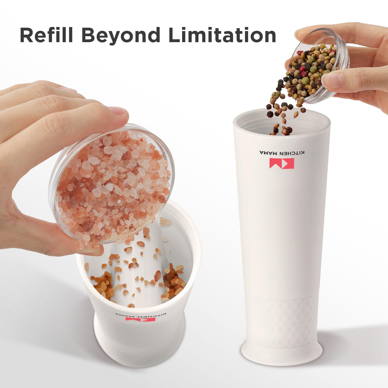 Rechargeable Electric Gravity Salt and Pepper Grinder - Adjustable Coarseness, One-Hand Operated, Refillable & Lightweight Spice Dispenser (White) | Perfect for Kitchen, Dining Table, Camping & Outdoor Cooking