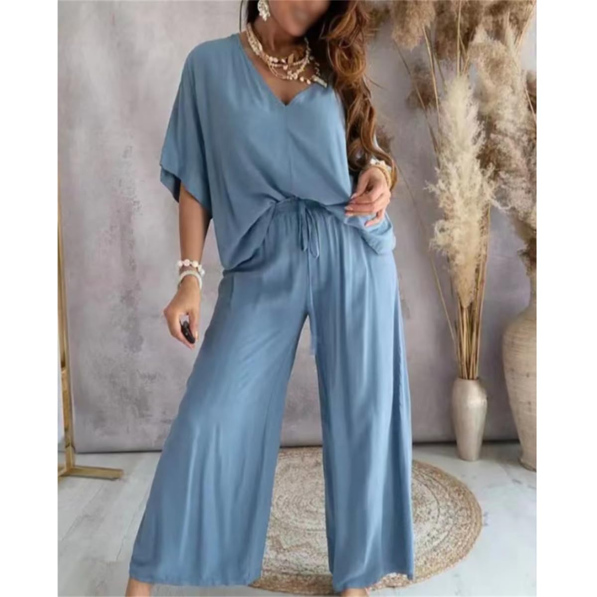 Women's Casual Loose Solid Color Suit Set - Comfortable V-Neck Lounge Pants Outfit for Home, Travel & Relaxation | Two Piece Pant Sets for Women