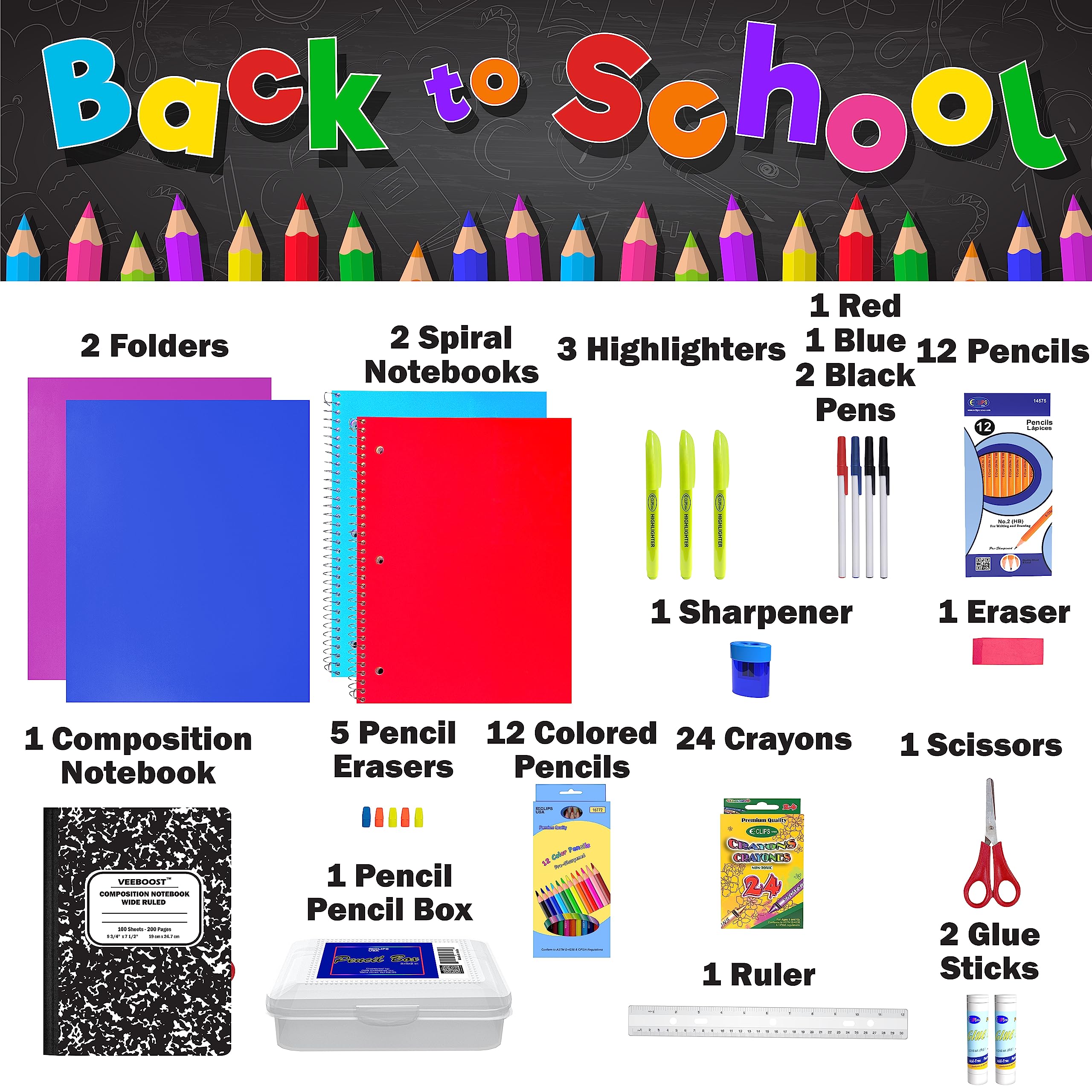 Kids School Supplies Box - Back to School Essentials Bundle Kit for Girls & Boys | Perfect for Classroom, Homeschooling & Study Organization
