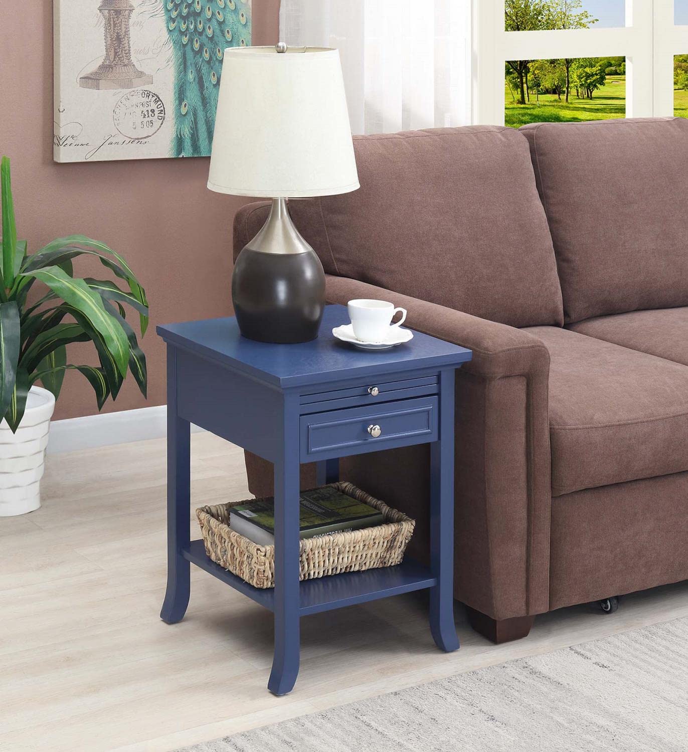 Convenience Concepts American Heritage Logan 1-Drawer End Table with Pull-Out Shelf, Cobalt Blue - Stylish Nightstand for Bedroom, Living Room or Office Furniture