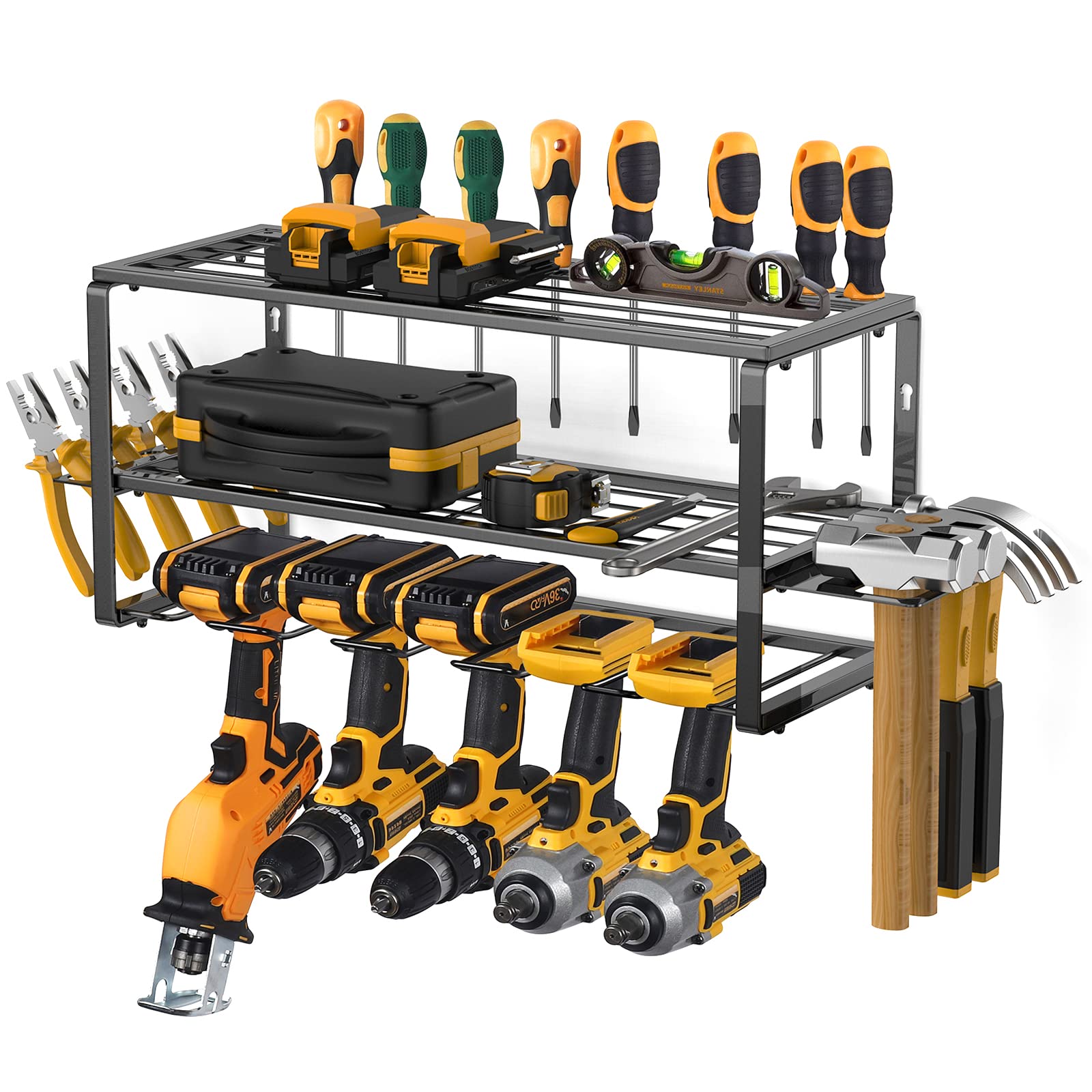 Heavy Duty Metal Power Tool Organizer Wall Mount - 5 Drill Holders & Screwdriver Pegboard Storage Rack for Garage, Shed & Workshop Organization - Durable Utility Shelf for Tool Storage & Workspace Efficiency
