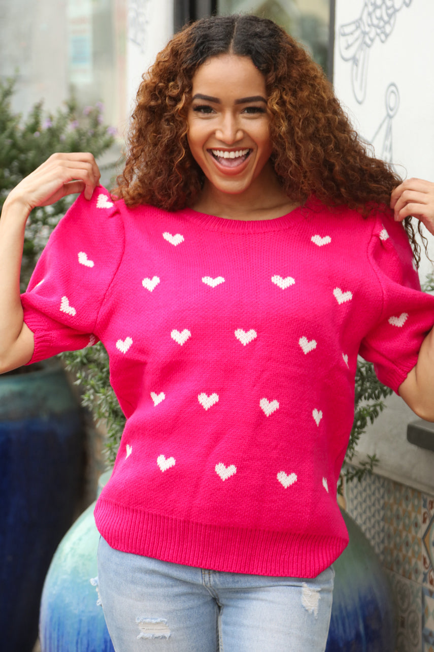 Be Mine Pink & White Heart Oversized Jacquard Sweater | Women's Valentine's Day Knit Pullover | Cozy Winter Fashion for Date Night & Casual Outings