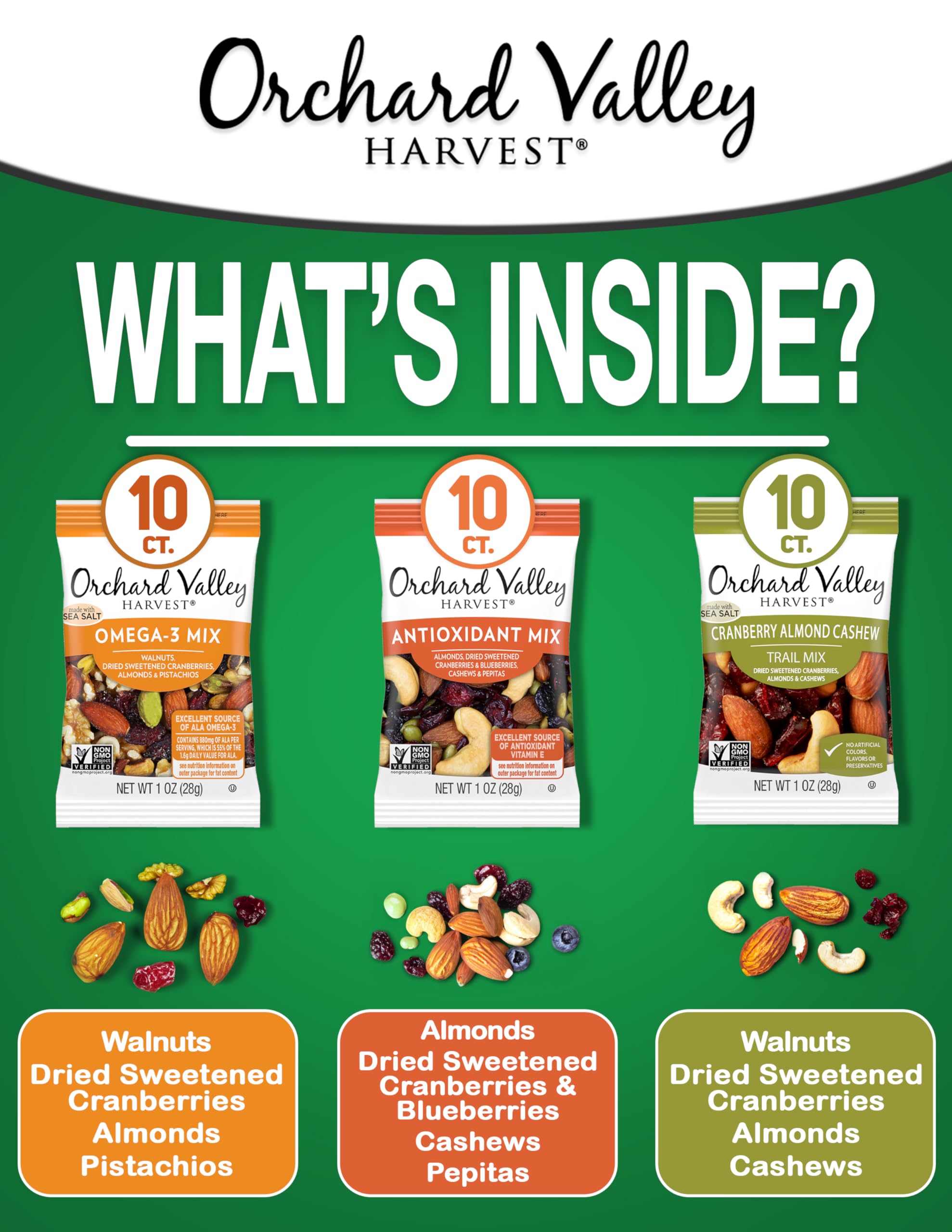 Orchard Valley Harvest Active Snack Pack Mix - 30 Count Variety Pack (1oz Bags) | Antioxidant Rich Trail Mix with Cranberries, Almonds & Cashews | High in Omega-3 | Gluten Free Healthy Snacks for Adults & Kids | Perfect for Hiking, Office Snacks & School Lunches