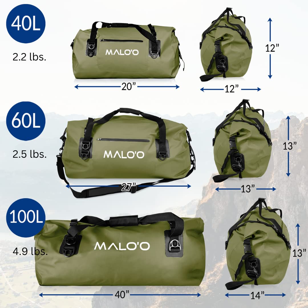 **Malo'o Waterproof Dry Bag Duffel 40L/60L/100L - Roll Top Duffle Bag for Kayaking, Rafting, Boating, Swimming, Camping, Hiking, Beach & Fishing - Internal/External Pockets & MOLLE Loops - Keep Gear Dry in Any Weather**    *(Perfect for Water Sports, Outdoor Adventures, Travel & Emergency Storage)*