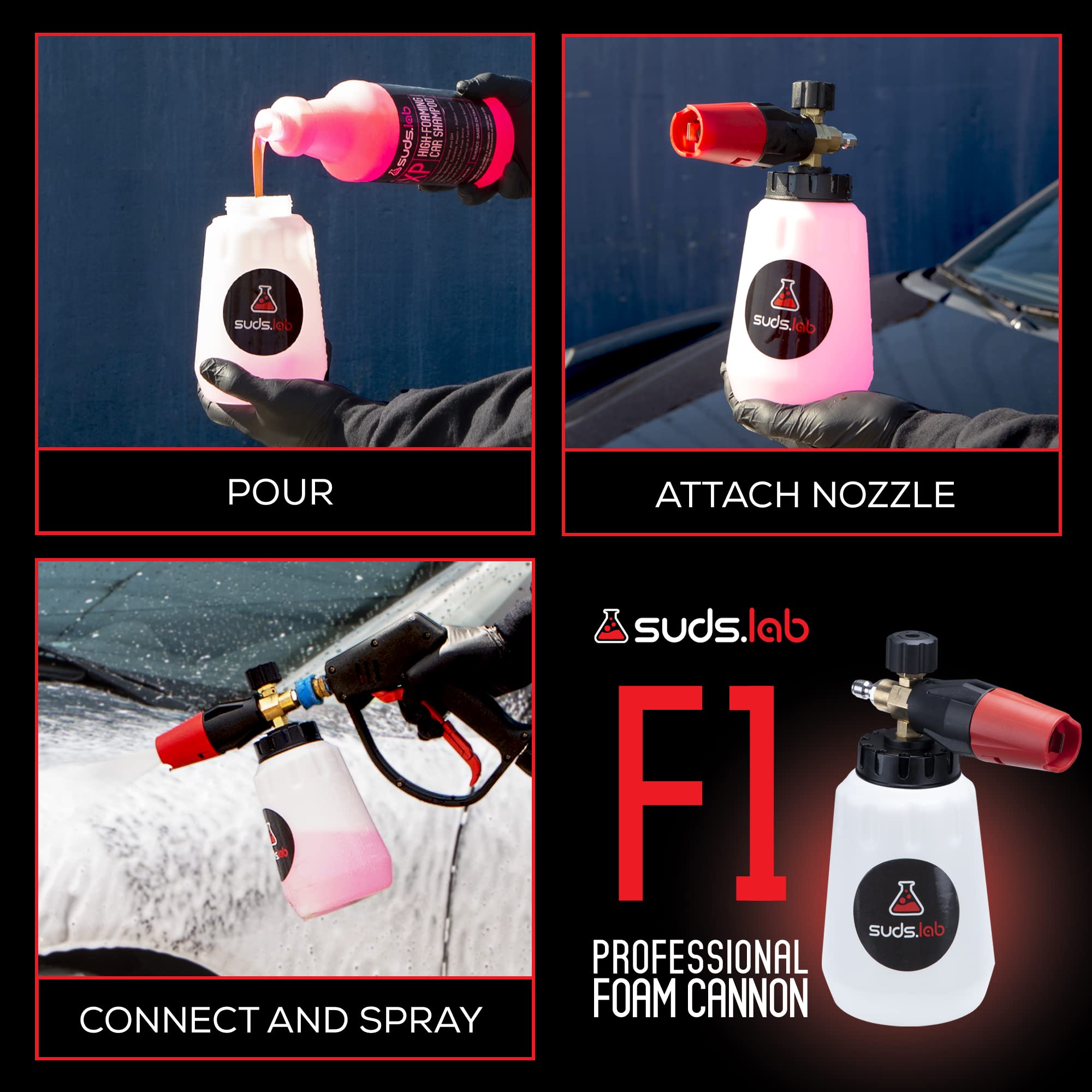 Suds Lab F1 Professional Foam Cannon for Pressure Washer - 32oz Detergent Canister, Adjustable Foam Nozzle, Quick Connect - Perfect for Car Washing, Driveway Cleaning & Outdoor Surface Detailing