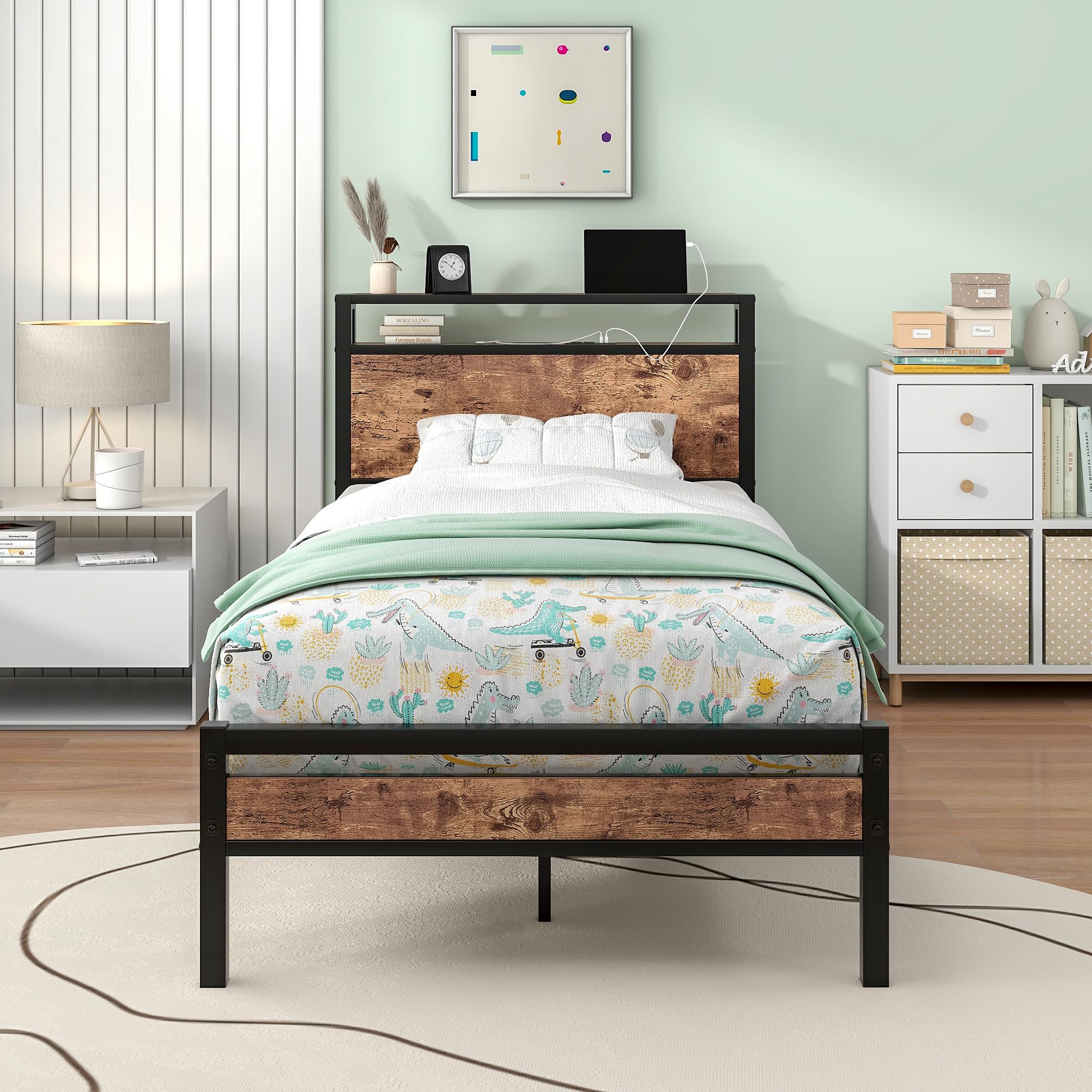 BOFENG Twin Size Metal Bed Frame with Storage Headboard & USB Charging - Heavy Duty Platform Bed with Steel Slats, No Box Spring Needed - Easy Assembly Brown Bed Base for Small Spaces, Dorms & Guest Rooms