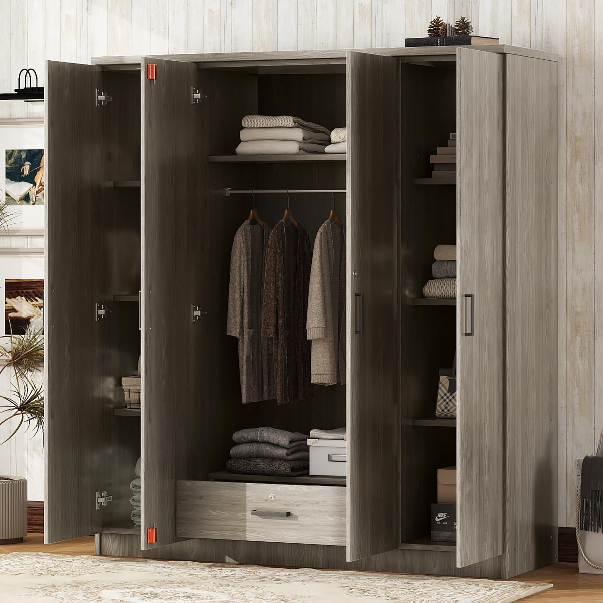 Quarte 4-Door Wardrobe with Drawers, Shelves & Hanging Rail - Freestanding Armoire Closet for Bedroom, Clothes Storage Cabinet Organizer - Perfect for Home, Apartment, Dorm Room Organization