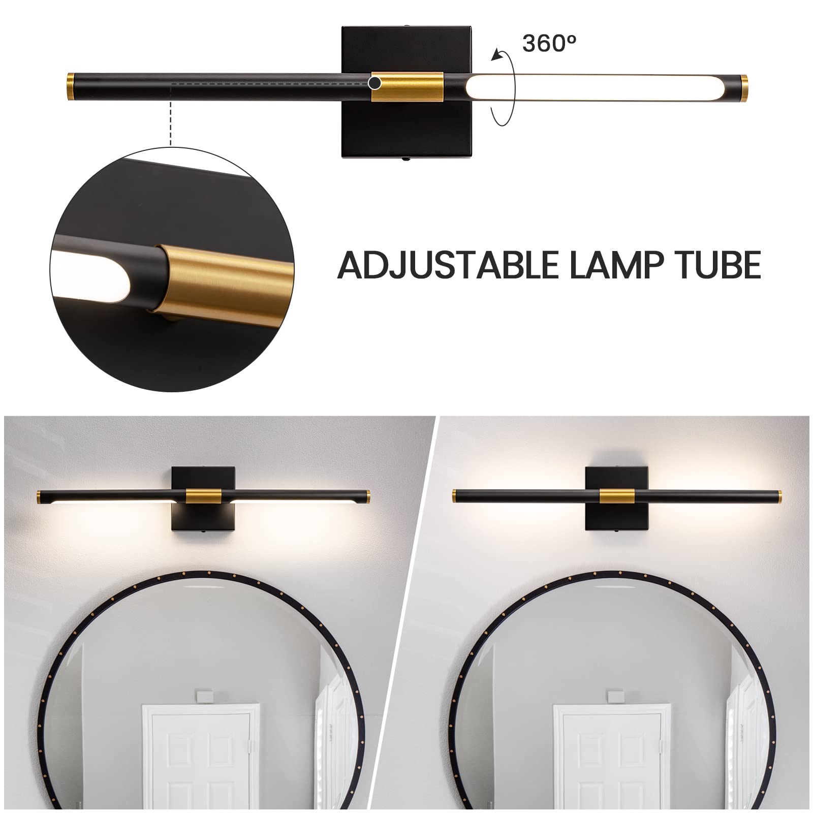 Faziyo 24 Inch Black Gold LED Bathroom Vanity Light - Dimmable Mirror Lighting Fixture, 4000K Modern Wall Sconce for Bathroom & Picture Lights for Paintings | Perfect for Home Decor, Makeup Vanity & Art Gallery Lighting