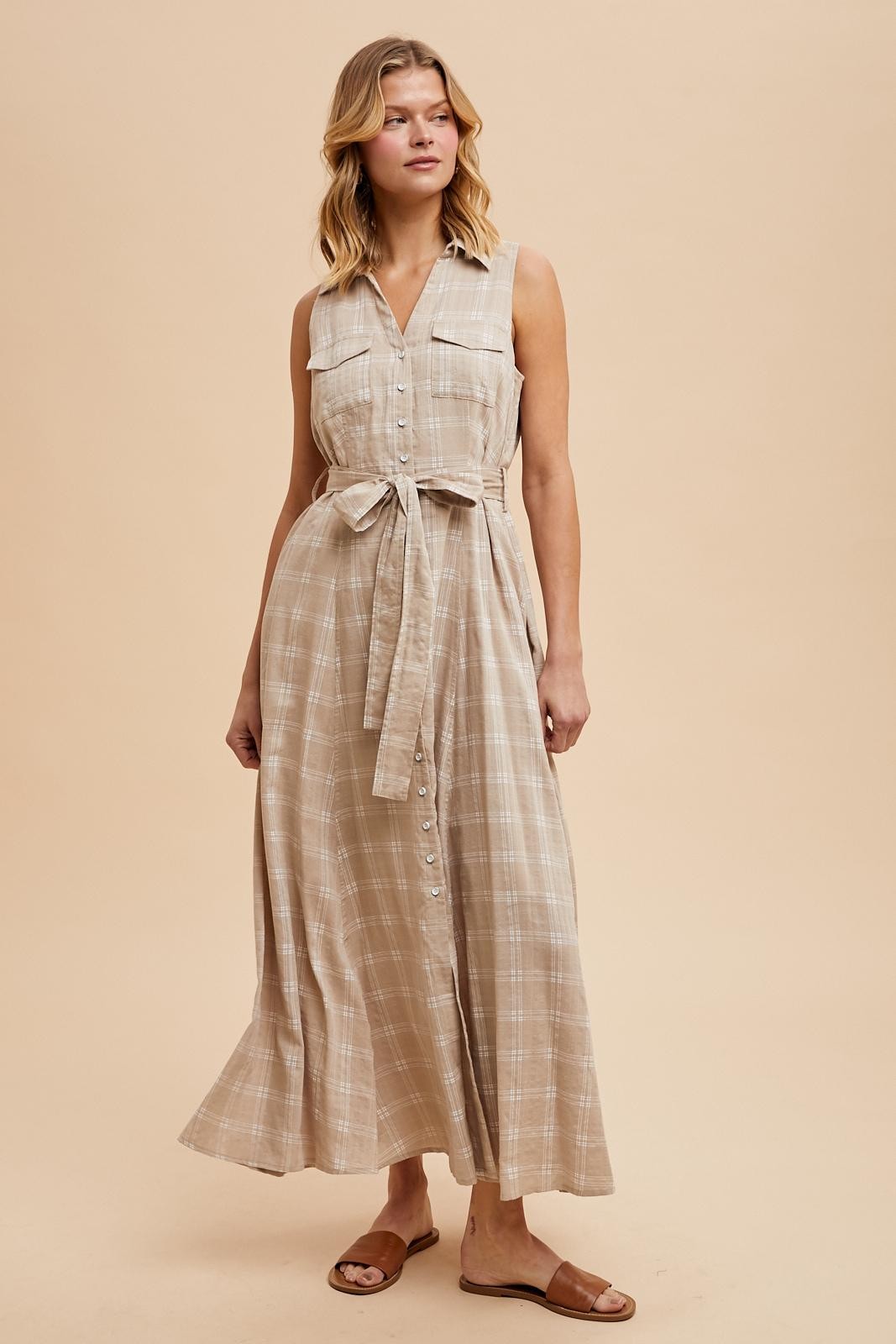 Beige Plaid Sleeveless Tie-Waist Shirt Dress for Women - Casual Summer Dress for Beach, Vacation & Everyday Wear