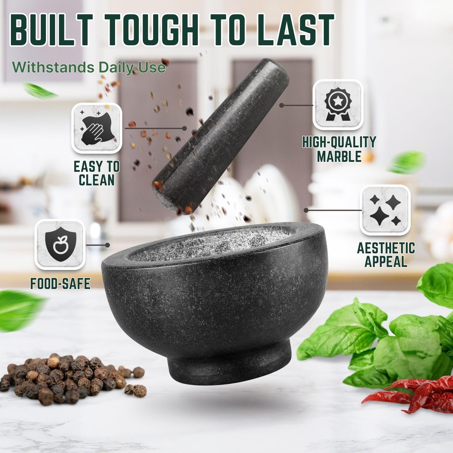 Premium Granite Mortar and Pestle Set - 4.72 Inch Solid Marble Spice Grinder for Herbs, Garlic, Guacamole & Cooking - Perfect for Kitchen, Medicine Preparation & Crushing Spices