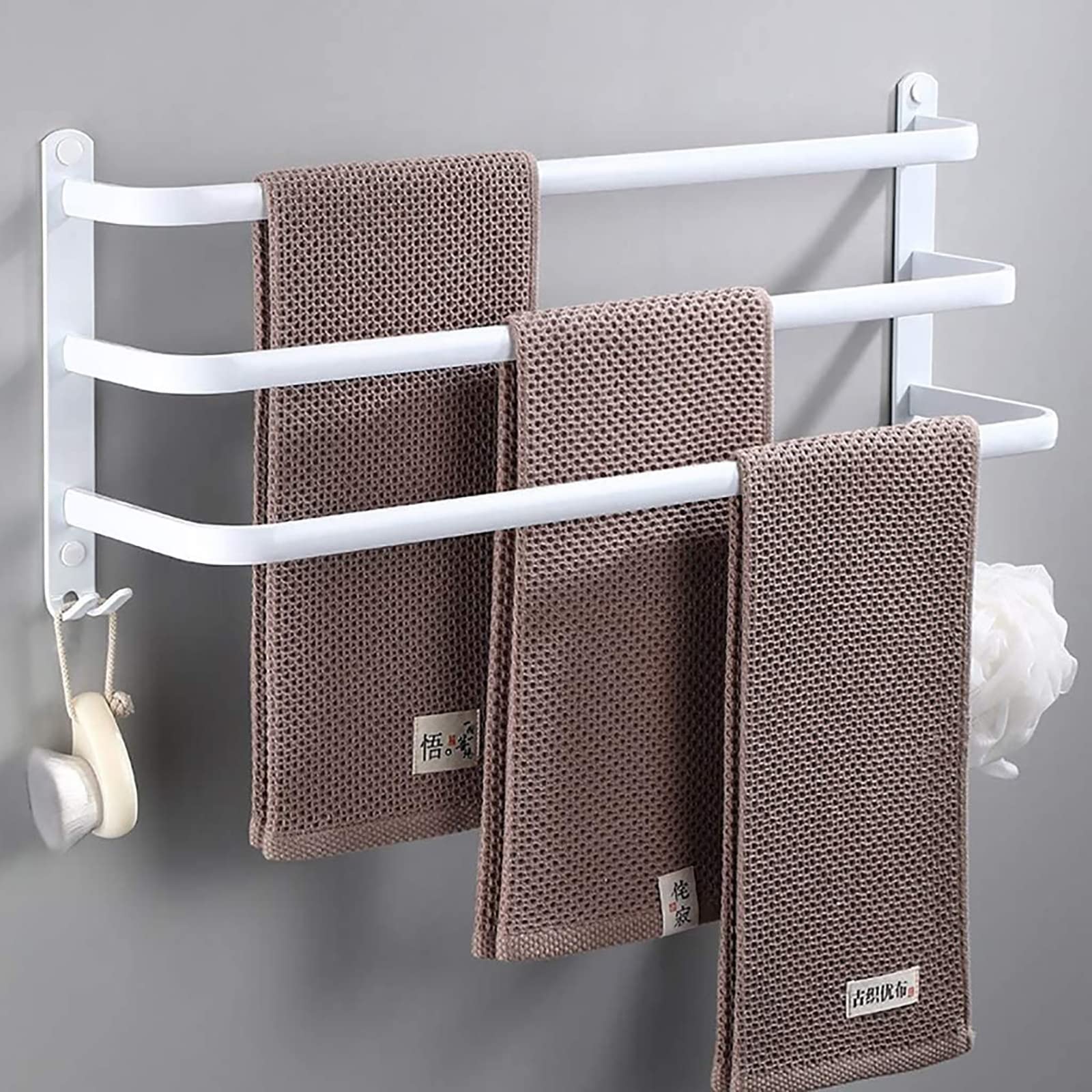 KEPMOGOH 3-Tier Wall Mounted Towel Shelf with Hooks - White Bathroom Towel Rack for Kitchen, Shower & Hotel Use - Space-Saving Storage Solution (40cm) - Perfect for Small Bathrooms, Apartments and Guest Rooms