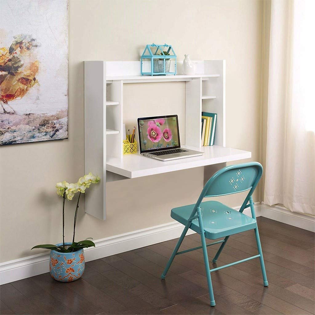 Wall Mounted Fold Down Desk with Storage Shelves - Space Saving Floating Laptop Desk for Home Office, Kitchen & Small Spaces - White (US Delivery) | Perfect for Apartments, Dorms & Compact Living Areas