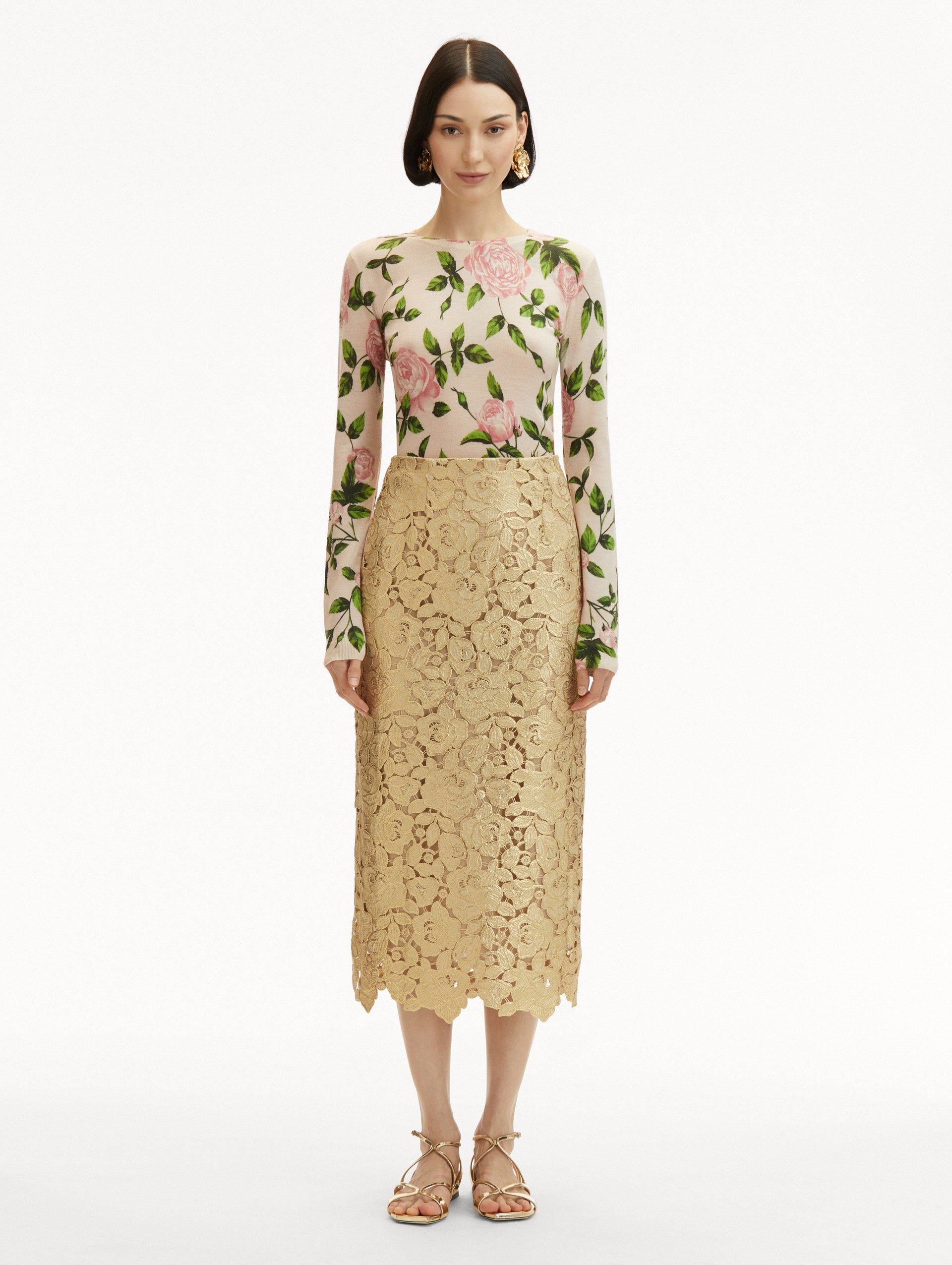 Elegant Gold Foil Rose Guipure Lace Skirt for Women - Perfect for Weddings, Parties & Special Occasions