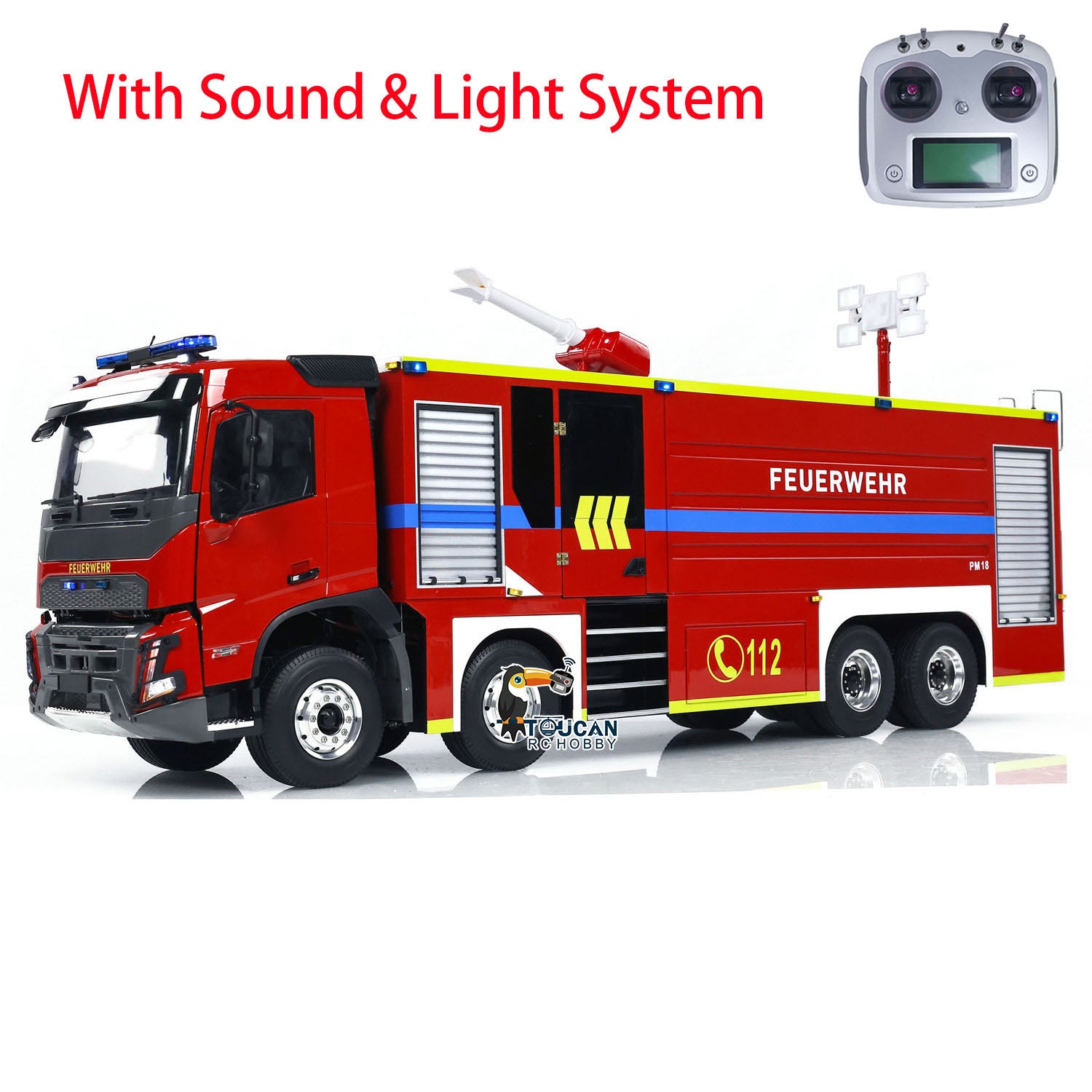 1/14 Scale 8x4 FMX PS0003 RC Fire Fighting Truck - Remote Control Extinguisher Vehicle with Lights & Sounds - Ready to Run Hobby Model - Perfect for Firefighter Training Simulation & Kids Role Play