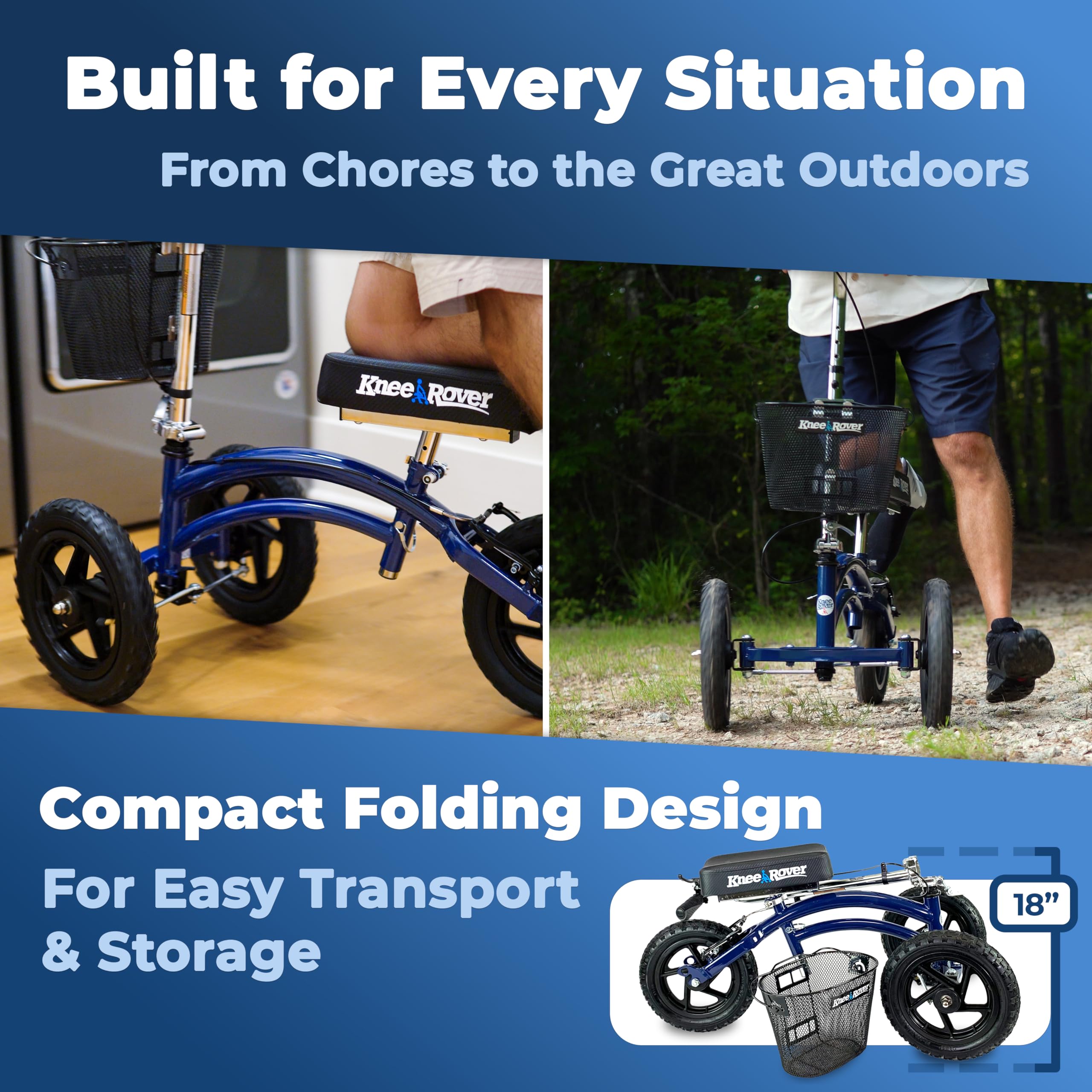 KneeRover Original Steerable All-Terrain Knee Scooter for Adults - Heavy Duty Knee Walker for Foot Surgery, Broken Ankle & Leg Injuries | Mobility Aid for Post-Surgery Recovery & Crutch Alternative (Blue) | Perfect for Indoor/Outdoor Use, Rehabilitation & Daily Mobility