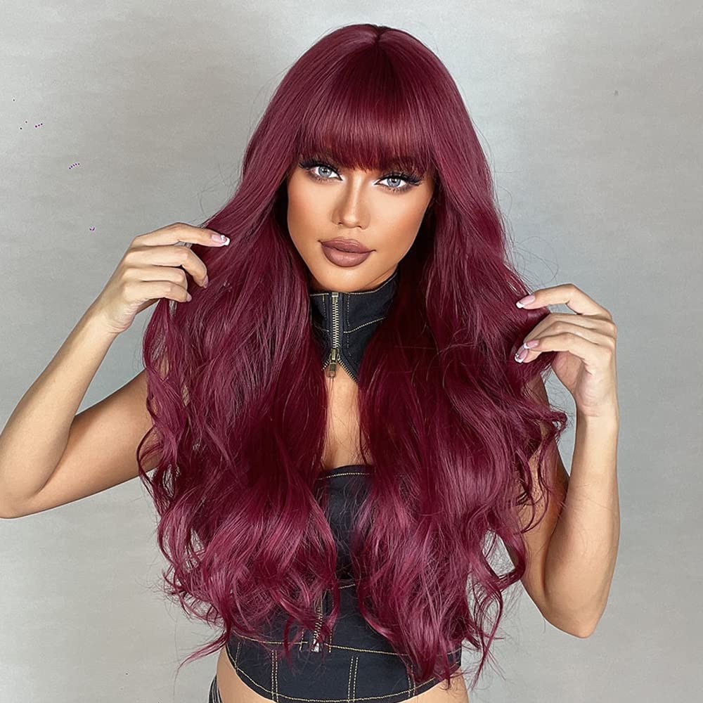 Burgundy Straight Human Hair Wigs for Women - 26 Inch Mongolian Remy Hair Machine Made Wig with Bangs, Glueless Lace Front, 99J Color, 150% Density | Perfect for Daily Wear, Cosplay, Parties & Special Occasions