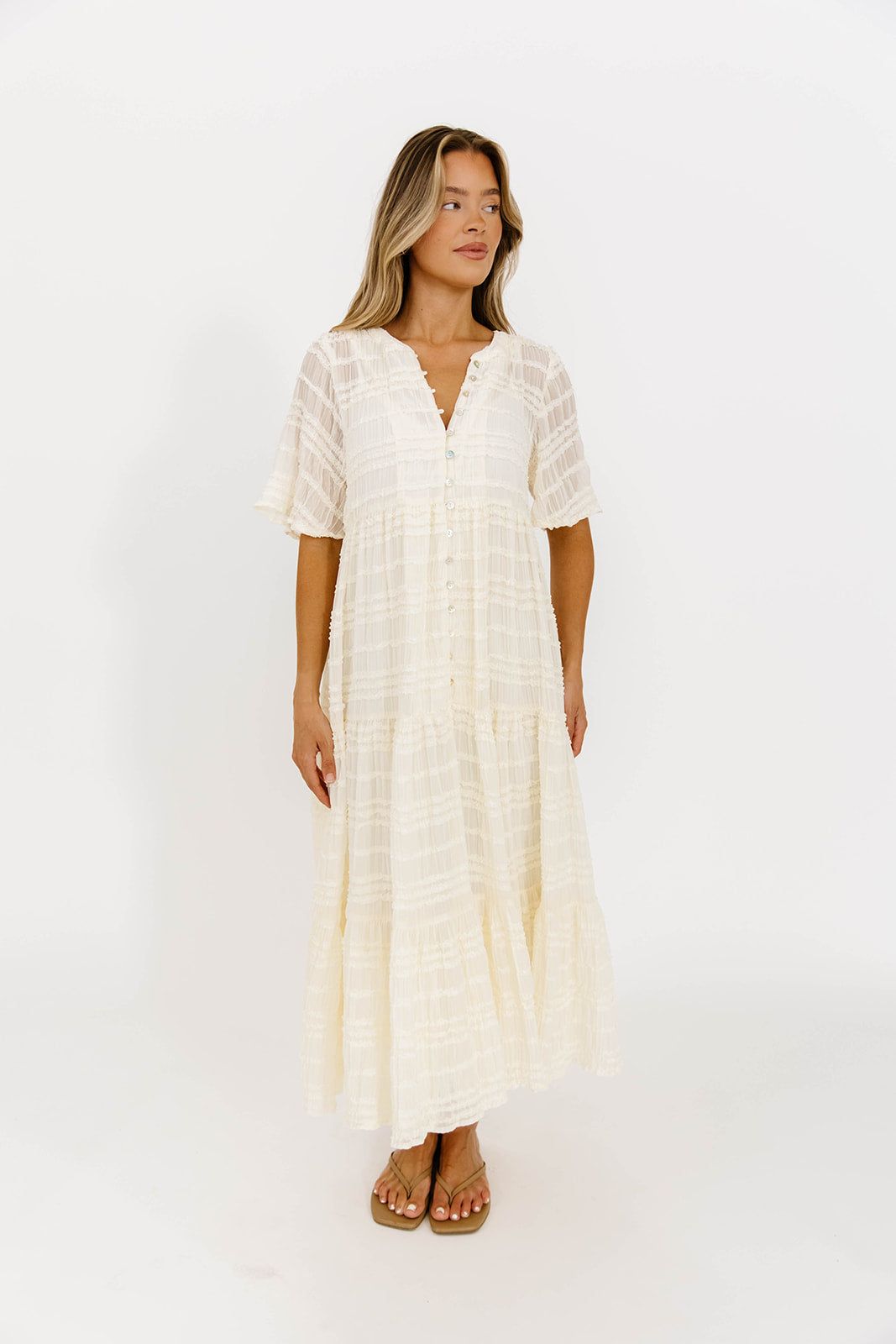 Kristin Tiered Woven Maxi Dress in Ivory - Bump Friendly Maternity Dress with Detachable Liner | Perfect for Pregnancy, Weddings & Summer Vacations