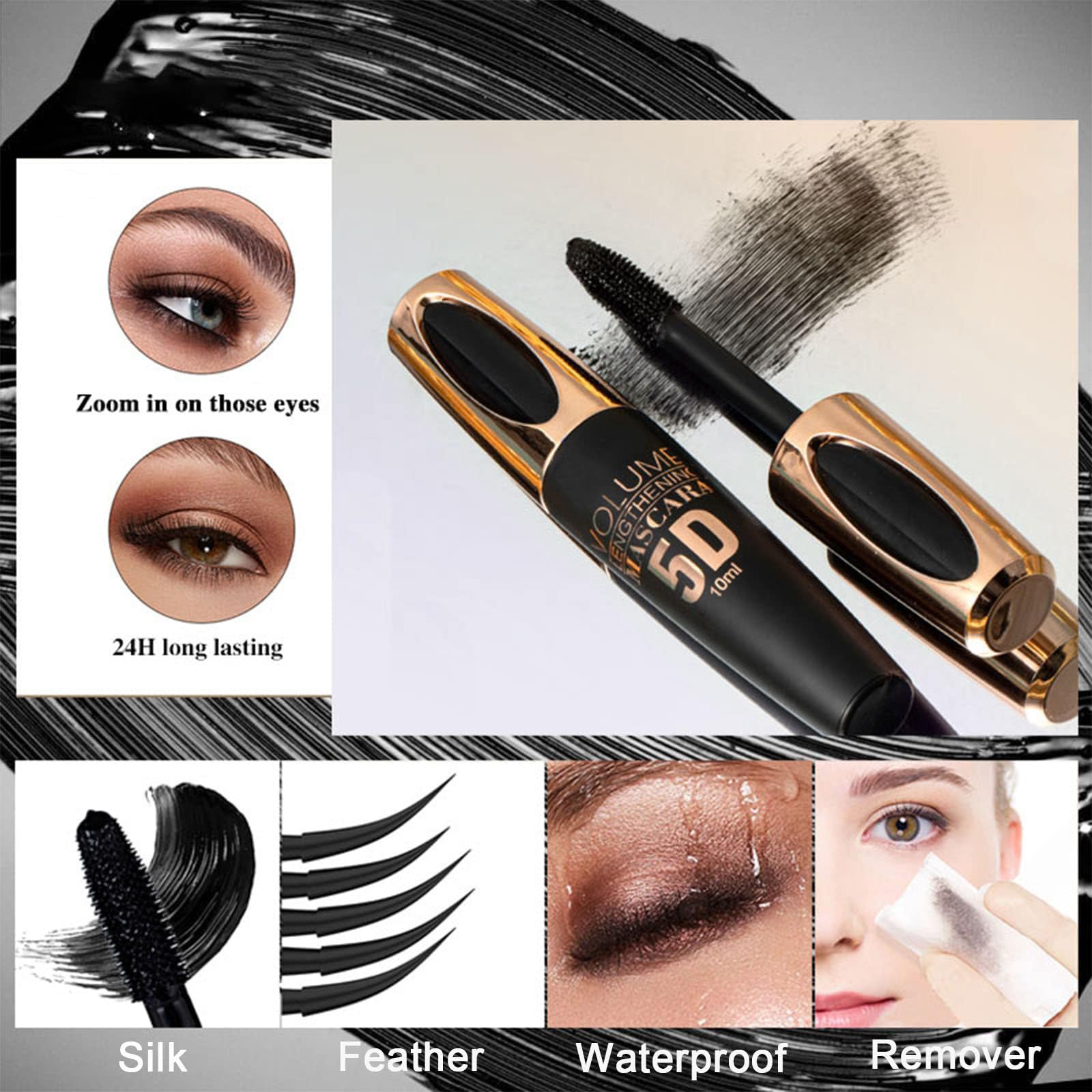 5D Waterproof Brown Mascara - Smudge Proof Volumizing & Lengthening Silk Fiber Lash Mascara for Thicker Eyelashes | Long Lasting, Curling Makeup for Party, Stage & Everyday Wear