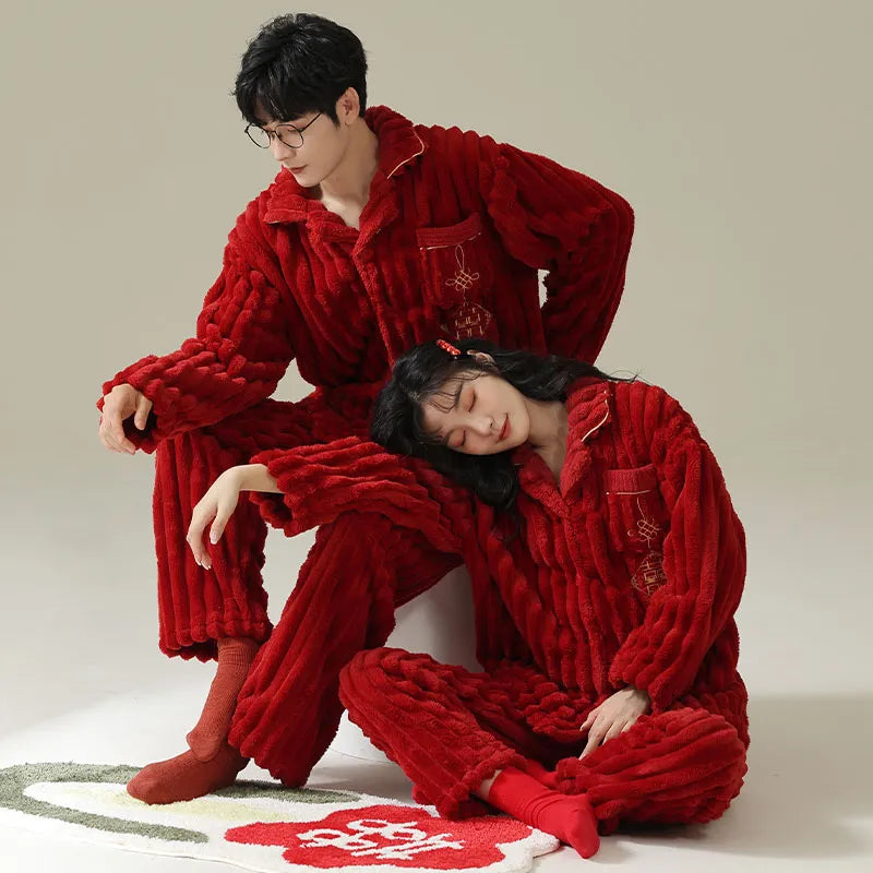 Christmas Couple Pajamas Set - Lucky Big Red Cardigan Button-Up Flannel Sleepwear for Men & Women | Cozy Winter Long Sleeve Loungewear for Holiday Nights & Romantic Home Dates