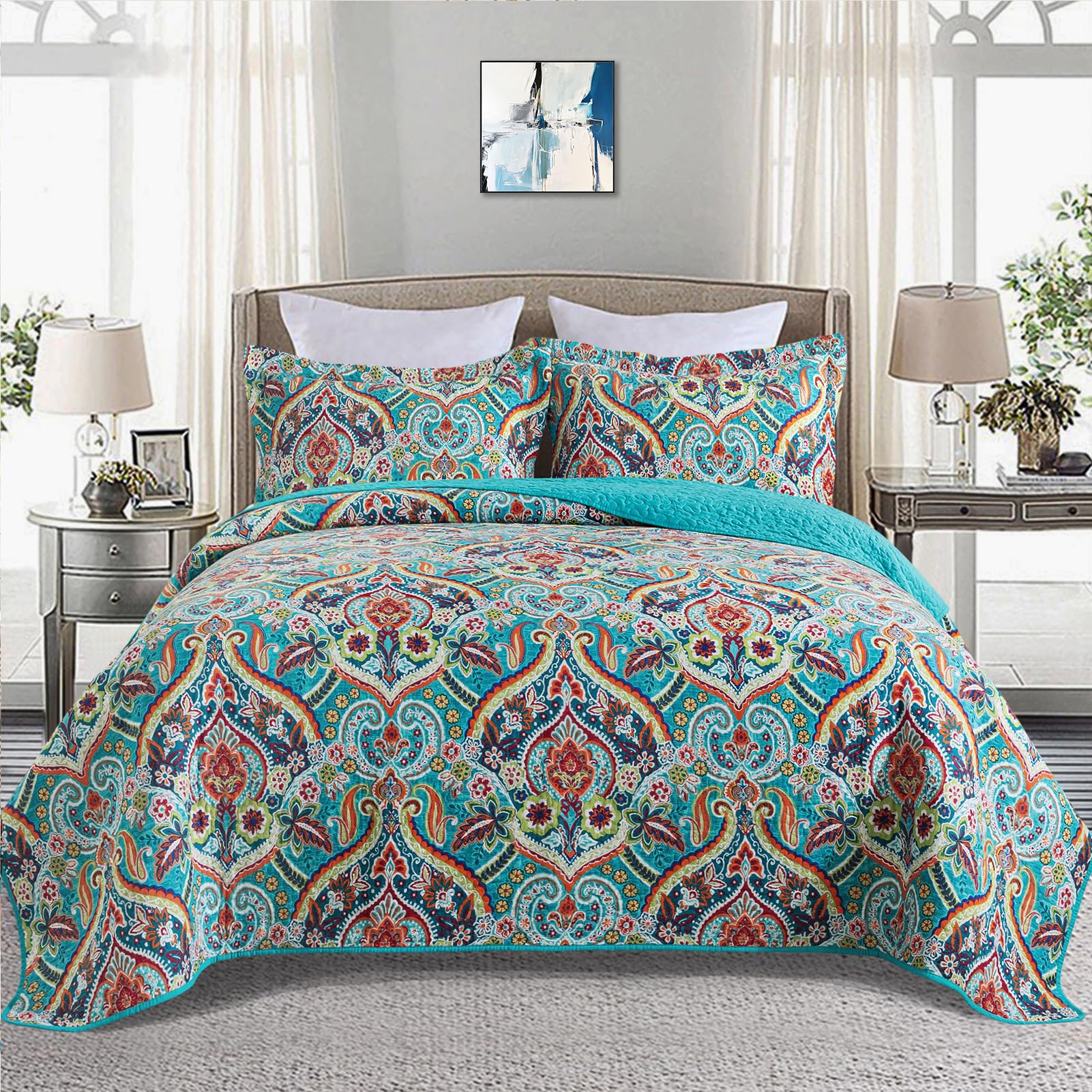 BEDIFANY Queen Size Quilt Set - Lightweight 100% Cotton Reversible Bedspread Coverlet (90x98 Inches) with Boho Design - 3-Piece Bedding Set for Comfortable Sleep - Perfect for Guest Rooms, Master Bedrooms & Cozy Home Decor