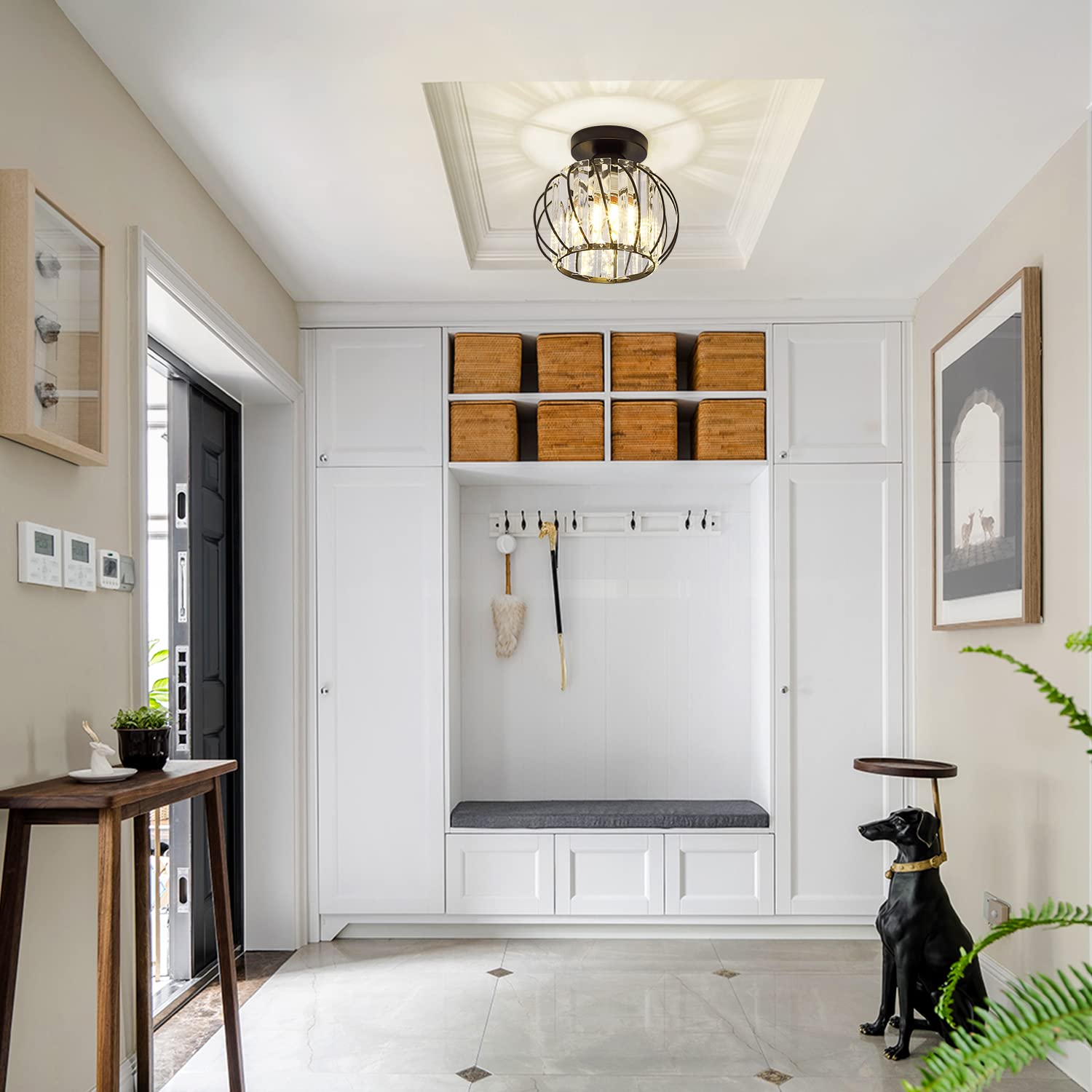 Black Flush Mount Crystal Chandelier - Small Bathroom & Hallway Ceiling Light Fixture - Mid Century Modern Design for Entryway, Bedroom, Porch - Perfect for Home Decor & Romantic Ambiance