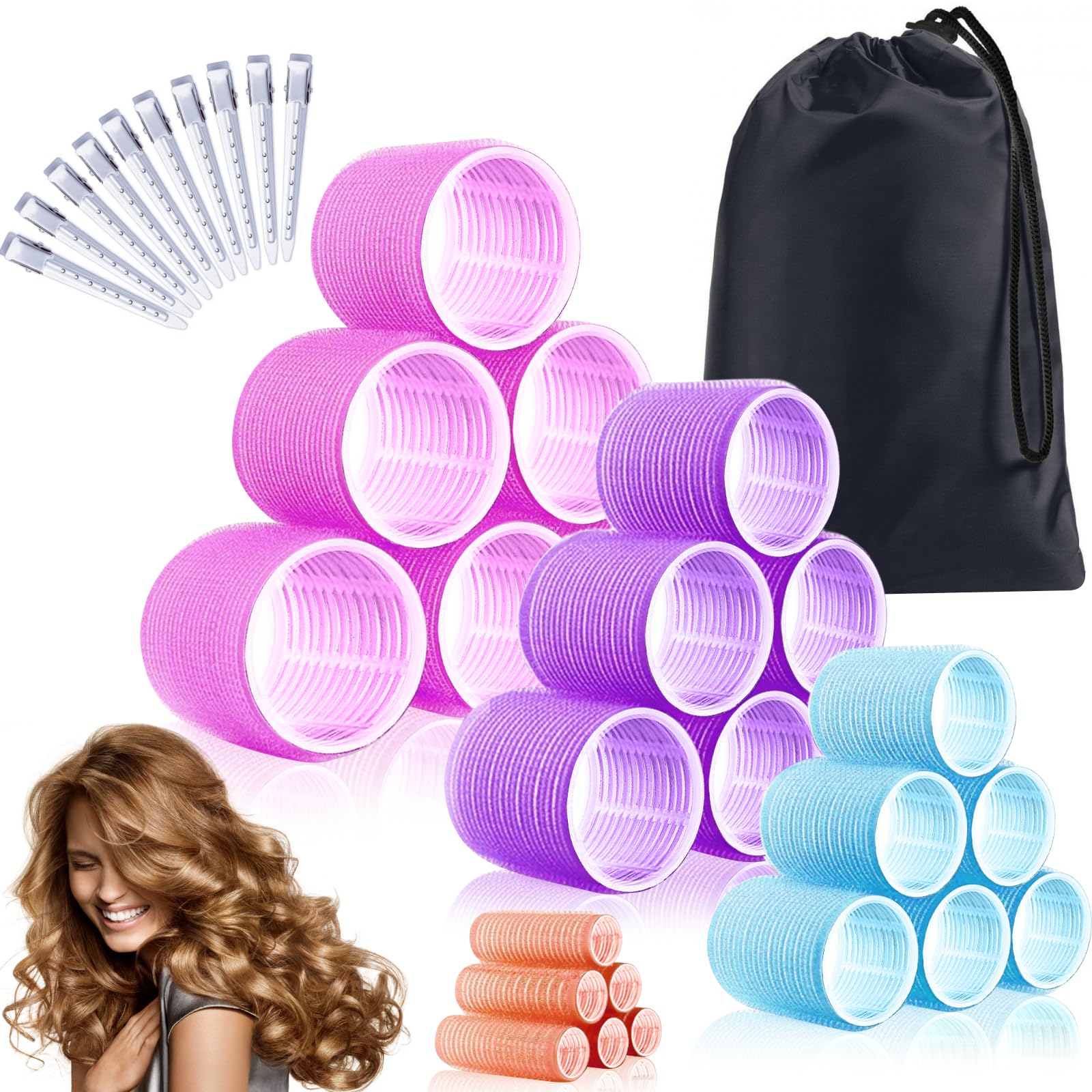 34Pcs Self-Grip Hair Rollers Set with Clips for Volume & Curls - 4 Sizes Salon Hair Styling Curlers for DIY Hairstyles - Includes Storage Bag - Perfect for Home Use, Parties & Special Occasions