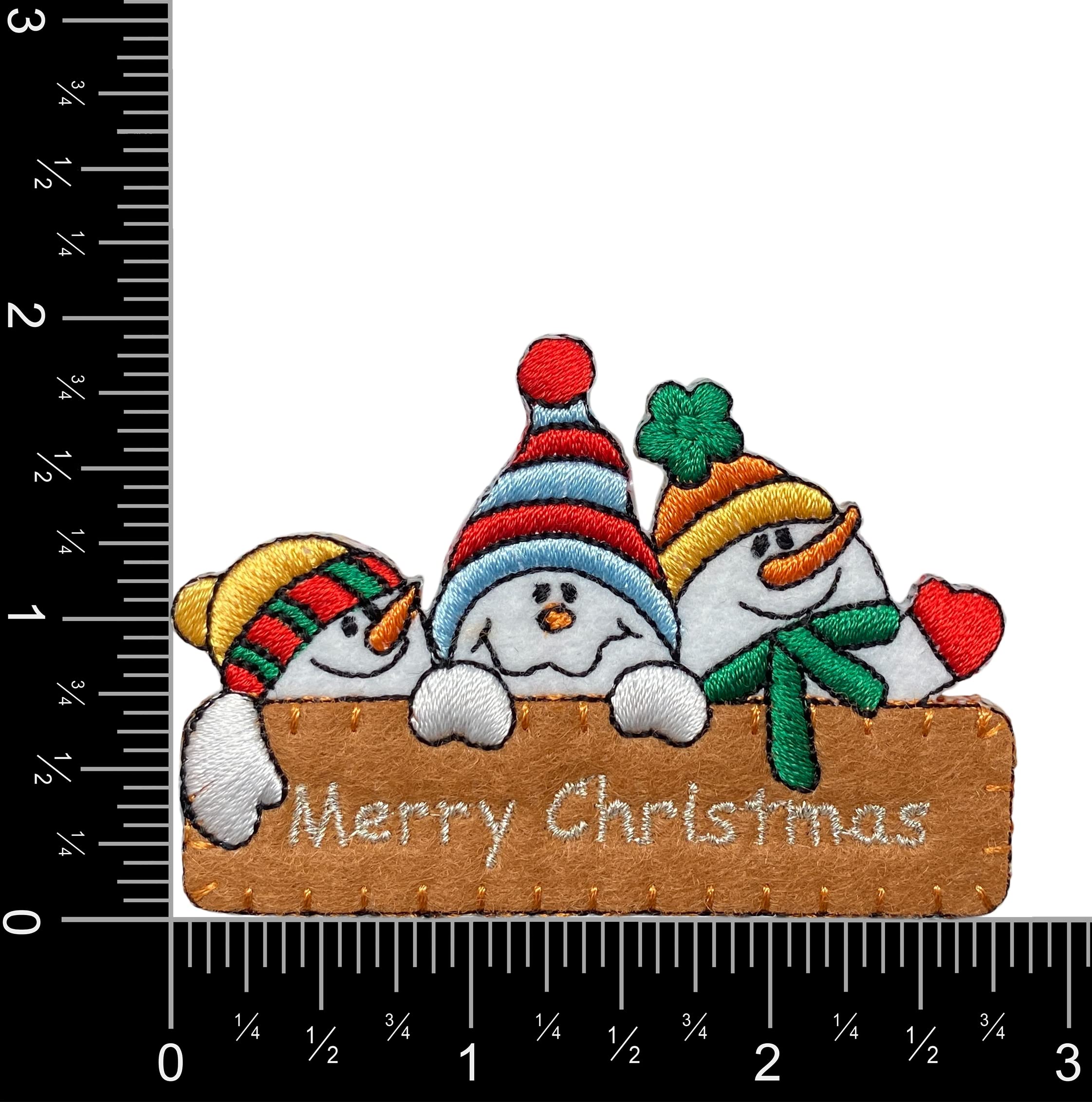 Merry Christmas Iron-On Patch with Three Snowmen - Festive Embroidered Applique for DIY Holiday Decor, Clothing & Gift Customization