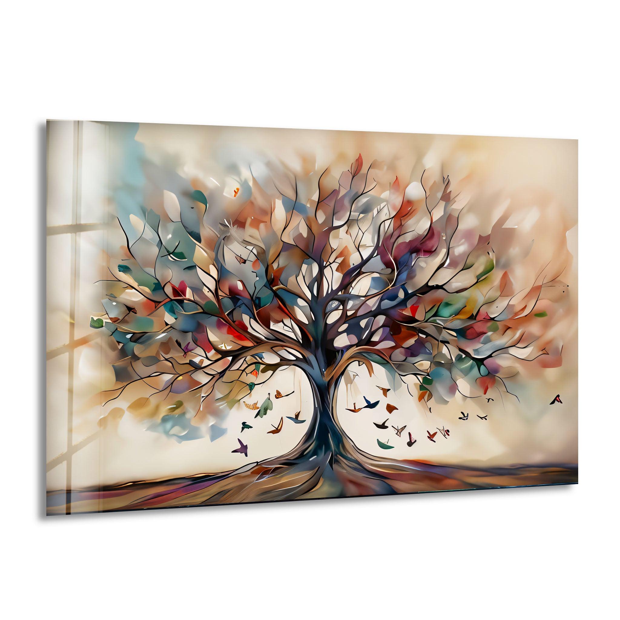Beige Tree Glass Wall Art - Elegant Home Decor for Living Room, Bedroom & Office - Perfect for Modern & Boho Interiors
