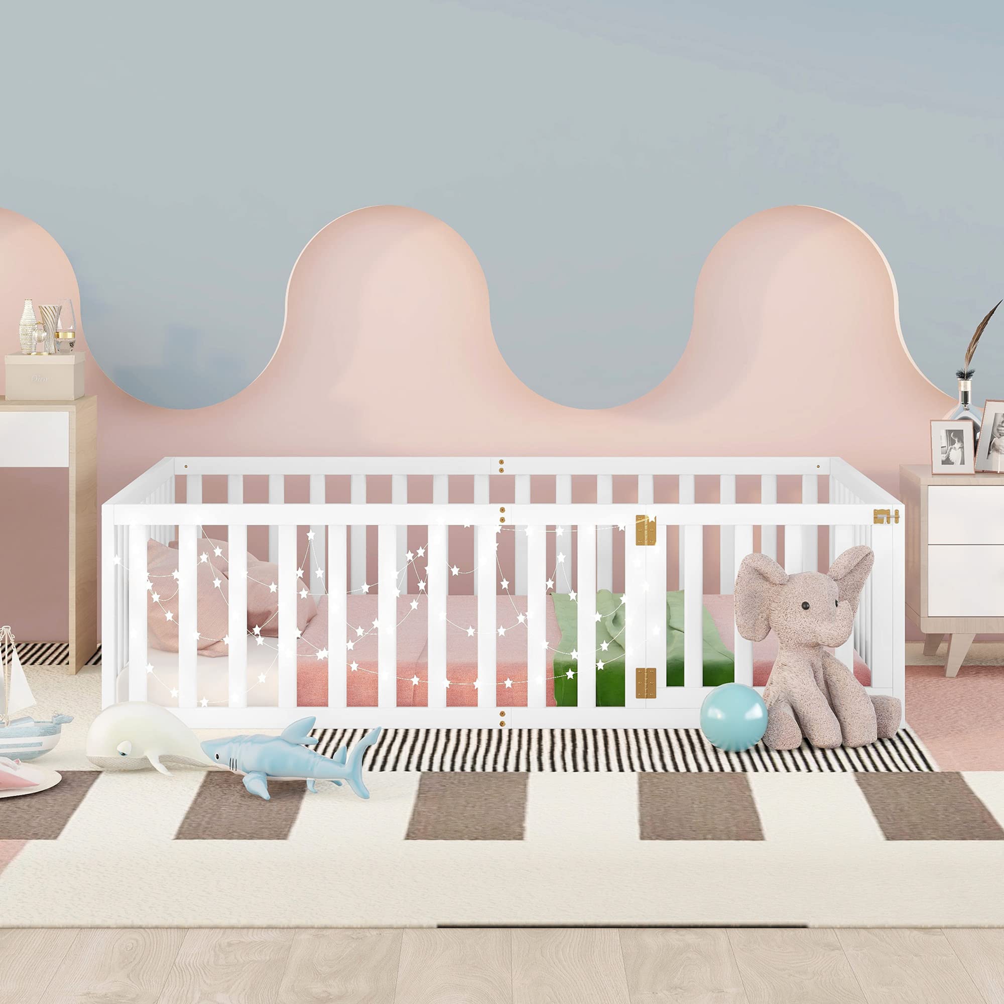 P PURLOVE Full Size Wood Floor Bed with Safety Fence & Closable Door - Easy Assembly Kids Bed Frame for Boys & Girls - Perfect for Montessori Bedrooms, Daycare Centers & Safe Toddler Sleeping Spaces