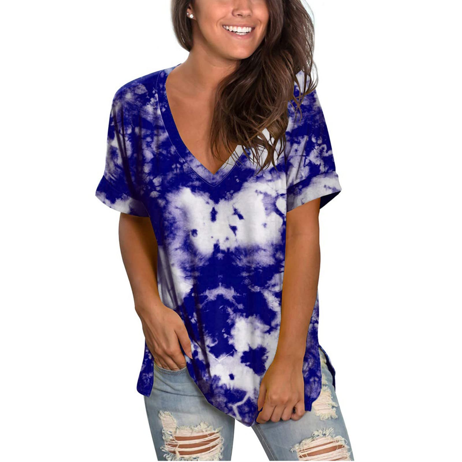 Women's Floral V-Neck Short Sleeve T-Shirt - Loose Fit Summer Blouse & Graphic Tee for Casual Wear, Beach Outings, and Office Outfits
