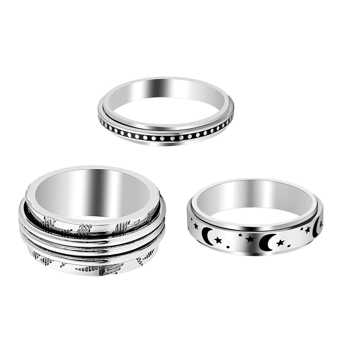 3-Pack Stainless Steel Anxiety Rings for Women & Men - Moon Star Spinner Stress Relief Jewelry Set for Gifting
