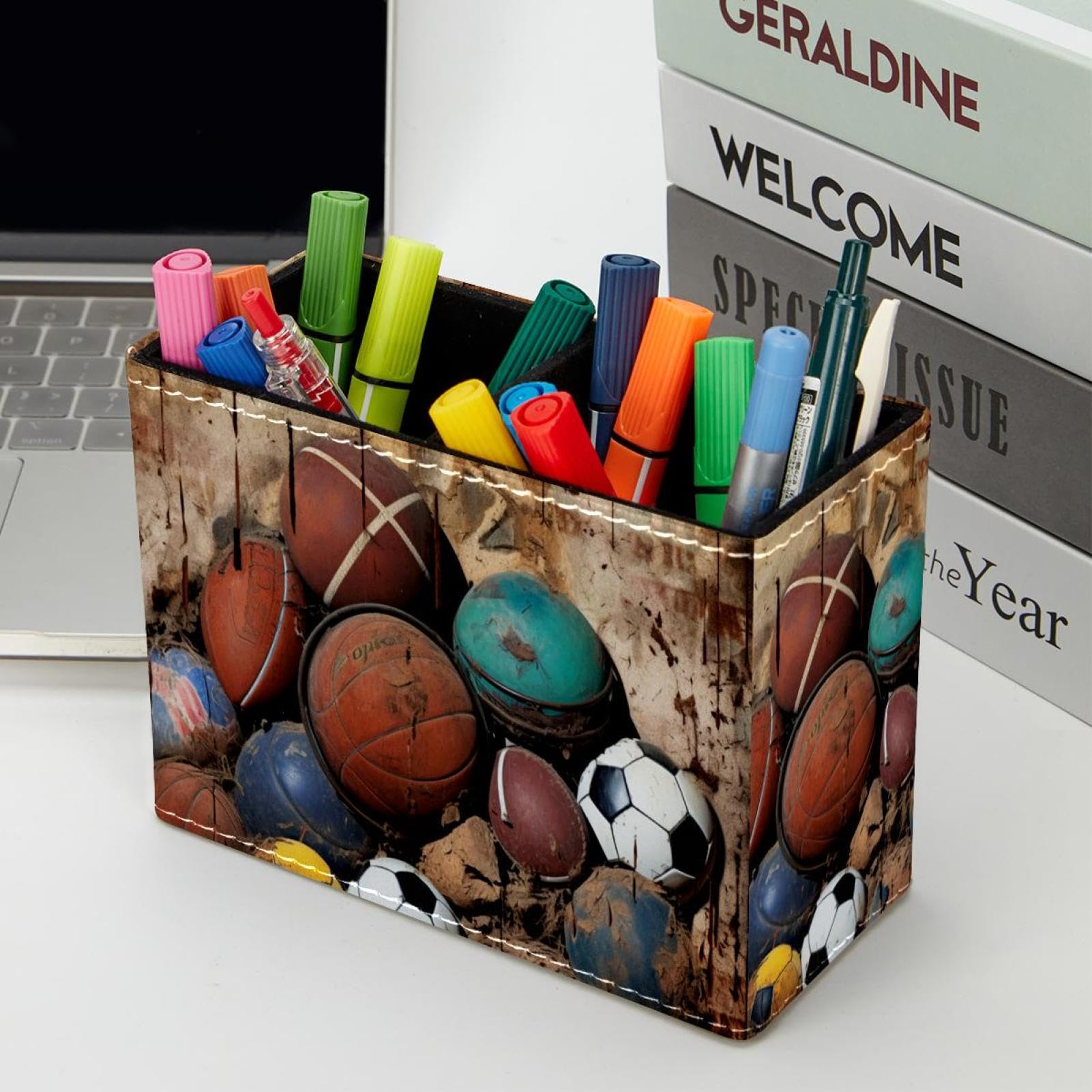 Basketball Pen Holder for Desk - Stylish Pen Organizer with Football & Baseball Design - Perfect Desk Accessories for Office, School & Home Decor