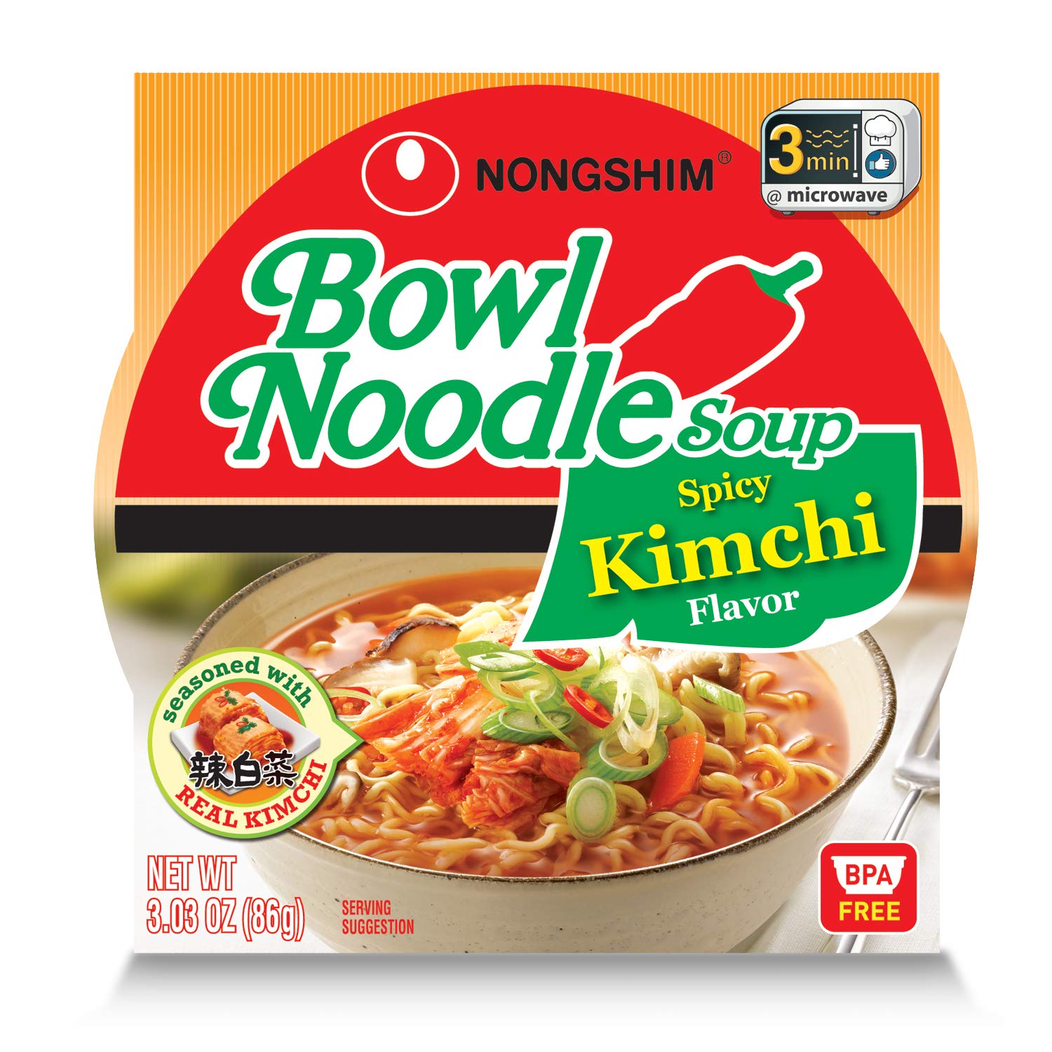 Nongshim Kimchi Noodle Soup Bowl - 3.03oz Spicy Instant Ramen | Quick & Easy Korean Meal for Office Lunch, College Dorm Snack or Late Night Comfort Food