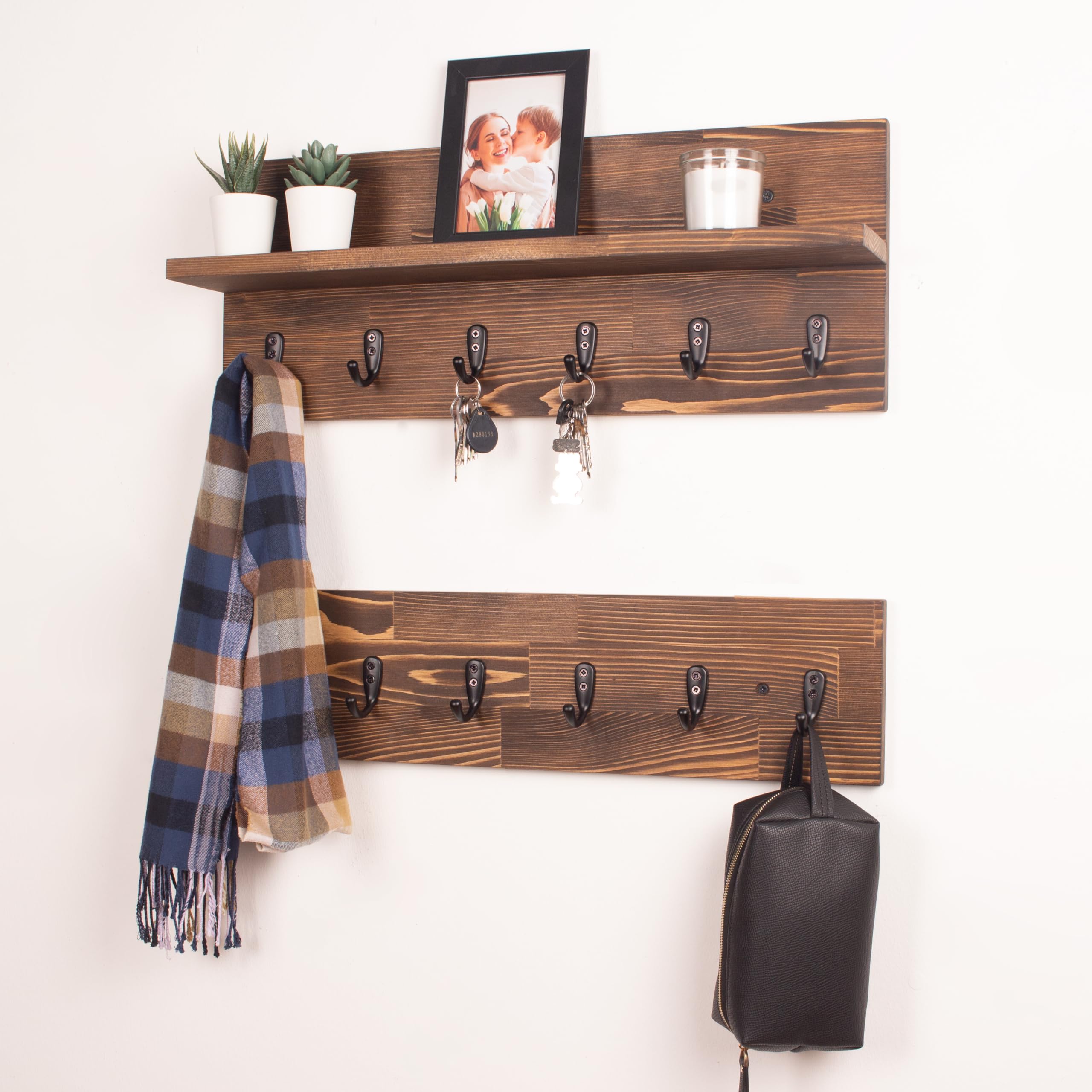 Wall Mounted Coat Rack with Floating Shelf - 24 Inch Rustic Wooden Entryway Organizer for Keys, Towels & Leashes (Set of 2 with 6 Hooks) - Perfect for Hallway, Mudroom & Bathroom Organization