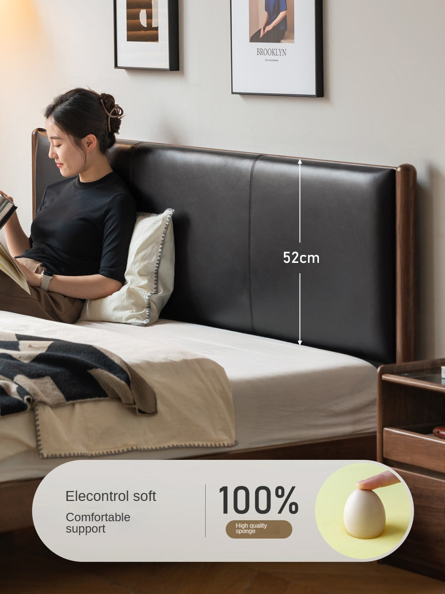 Italian Light Luxury Oak Solid Wood Leather Soft Bed - Elegant and Durable Bed Frame for Master Bedroom, Guest Room, or Modern Home Decor