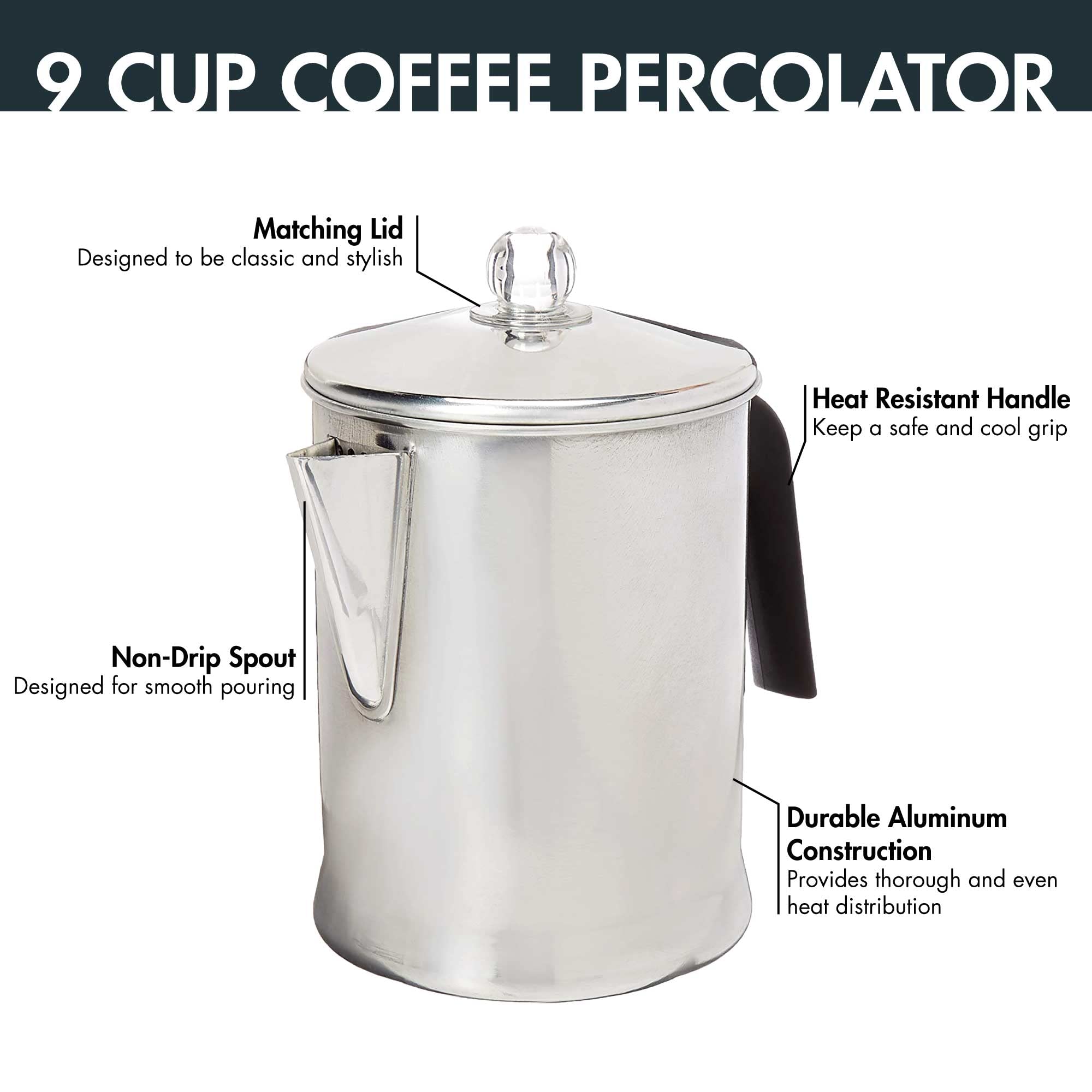 Prima Today 9-Cup Aluminum Stovetop Coffee Percolator - Durable Stove Top Coffee Maker for Camping, RV Travel & Home Use - Silver