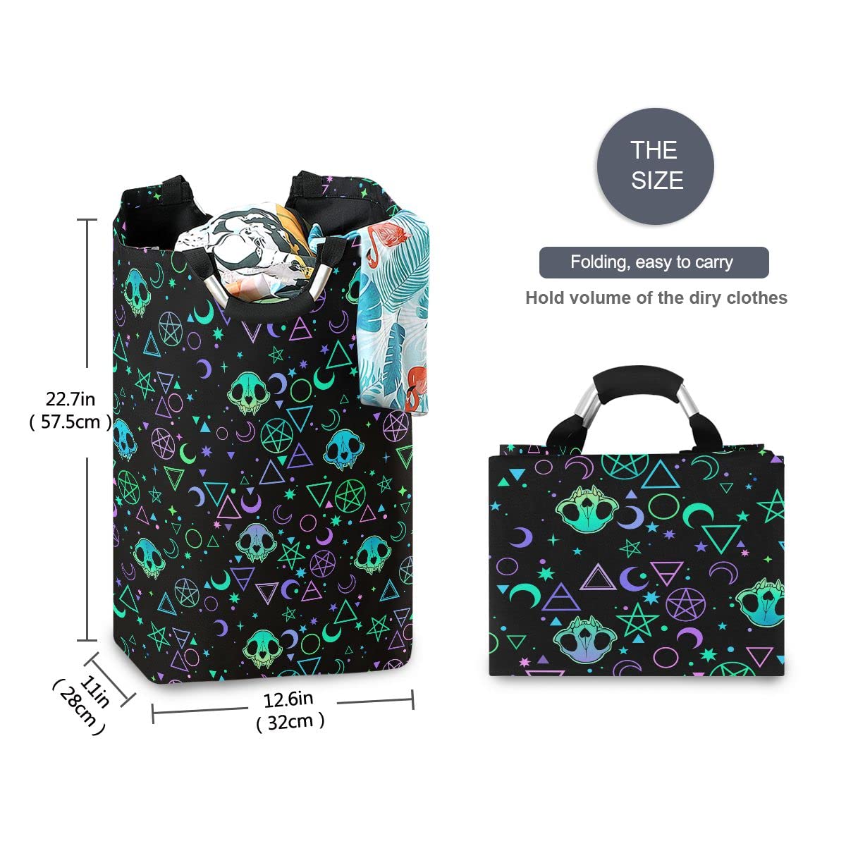 Magic Skulls Foldable Laundry Bag with Handles - Collapsible Laundry Basket & Hamper for Bathroom Organization, Laundry Room Storage & Decor - Perfect for Small Spaces, Dorm Rooms & Travel
