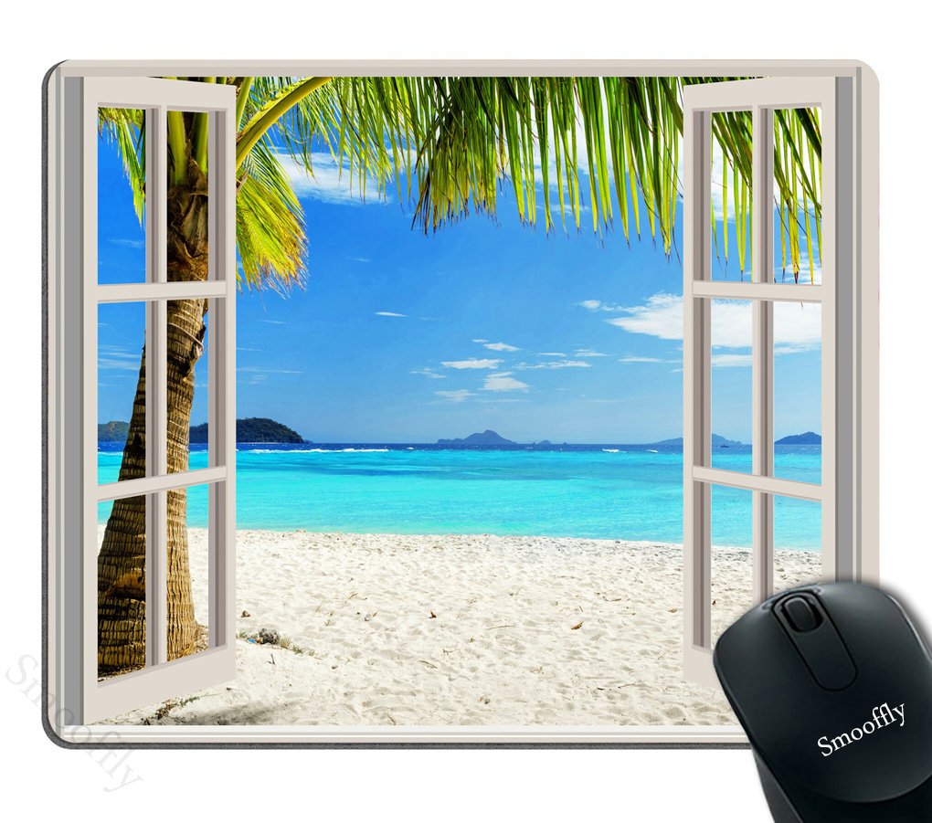 Custom Smooffly Gaming Mouse Pad - Tropical Island Beach with Palm Trees & White Wooden Windows Design, Non-Slip Rubber Base - Perfect for PC Gaming, Office Work & Home Computer Use