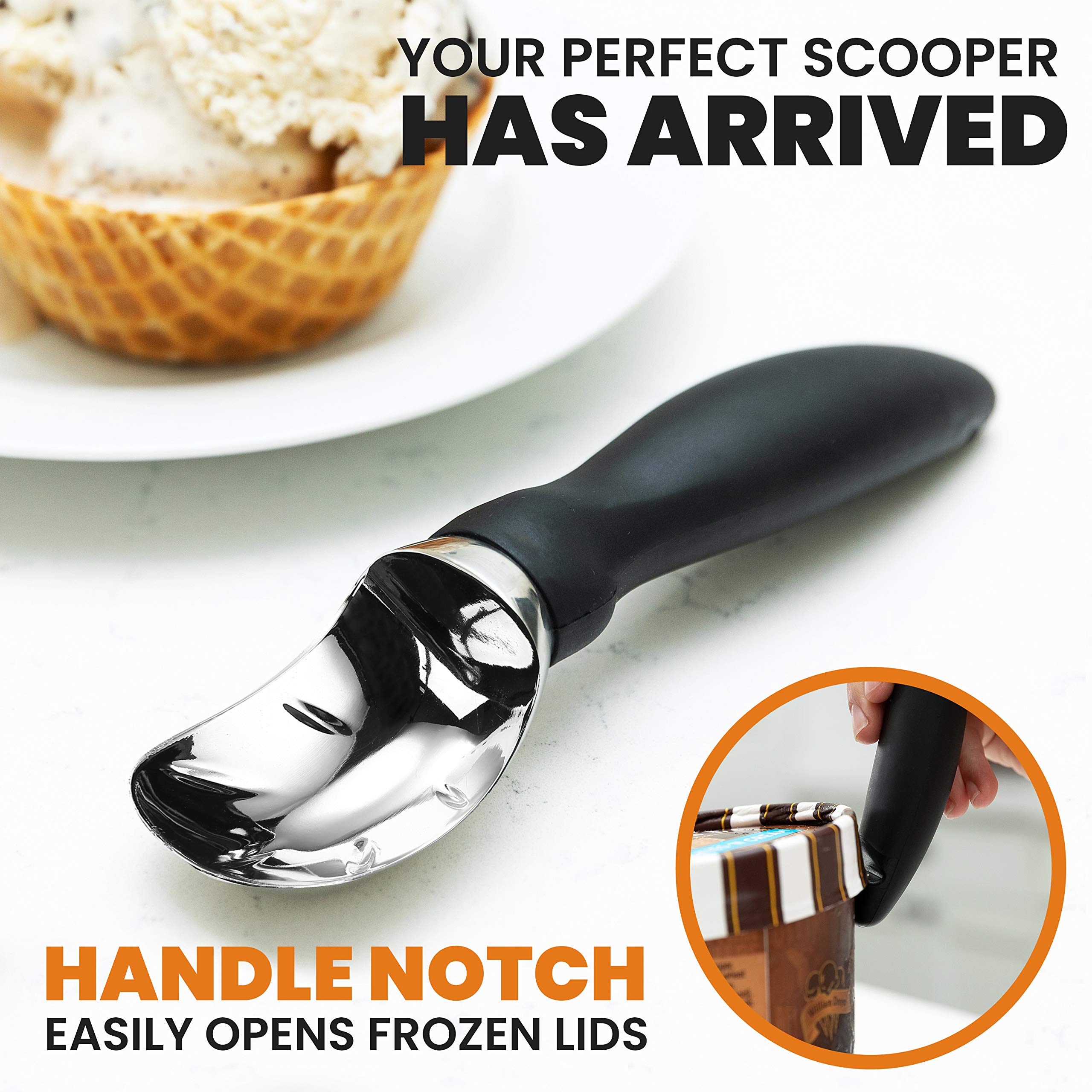 Spring Chef Heavy Duty Ice Cream Scoop with Ergonomic Handle - Professional Stainless Steel Scooper for Gelato, Sorbet, Cookie Dough, Frozen Yogurt & Melon - Dishwasher Safe Kitchen Tool - Perfect for Ice Cream Parlors, Dessert Shops & Home Use - Black