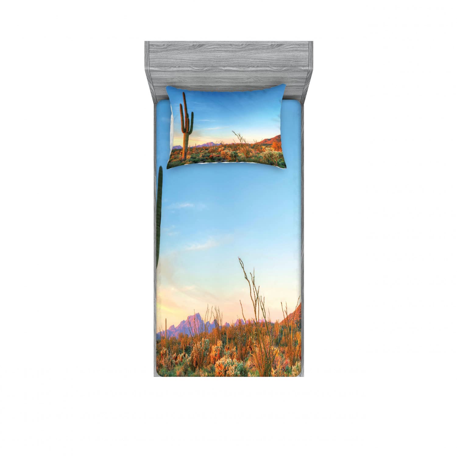Ambesonne 2-Pack Twin XL Fitted Sheet & Pillow Sham Set - Cactus Sunset Landscape Bedding Decor (4-Piece Set, Multicolor) | Perfect for Dorm Rooms, Guest Beds & Bohemian Home Decor