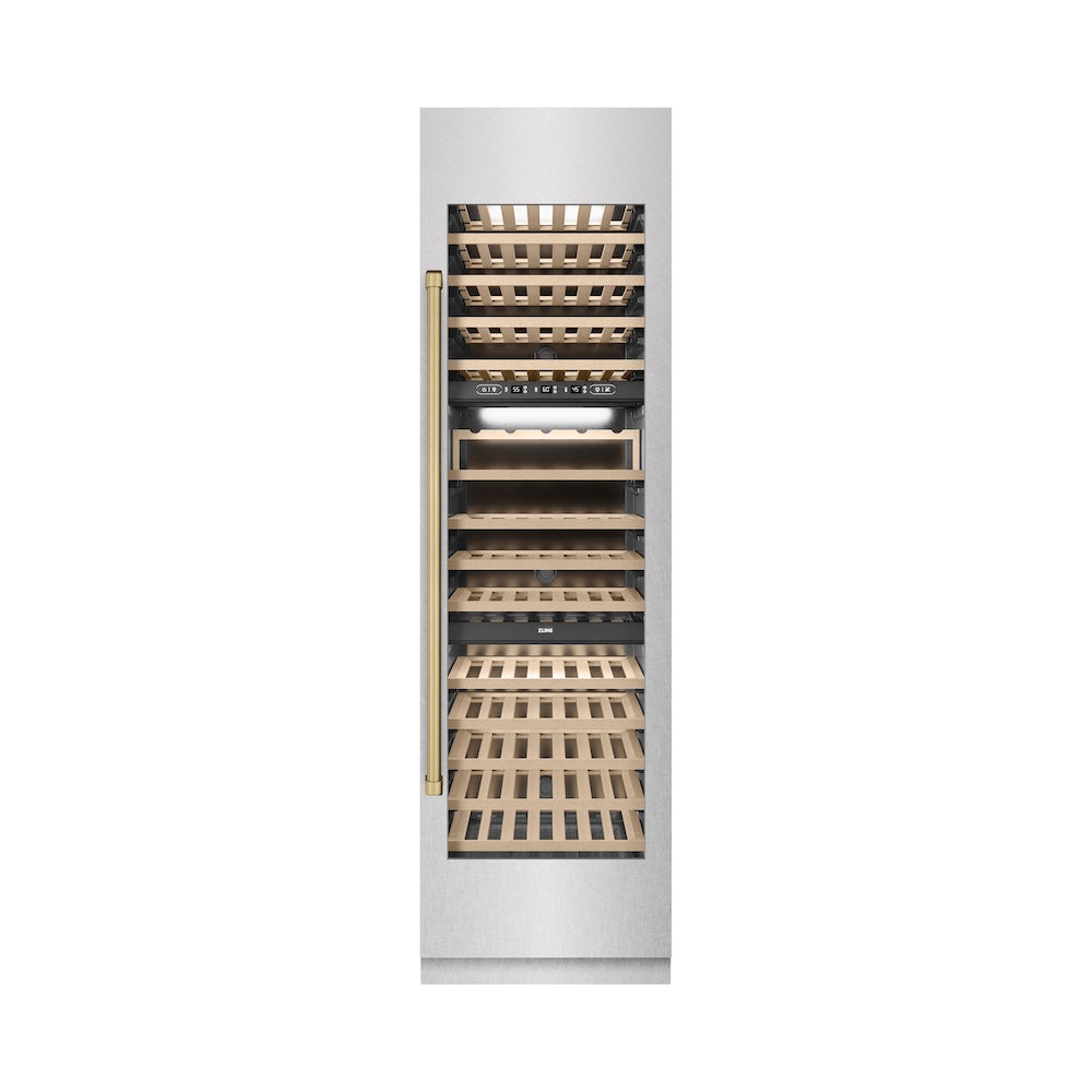 ZLINE Autograph Edition 24 Inch 12.4 Cu Ft Triple Zone 100 Bottle Column Wine Cooler - Satin Stainless Steel with Champagne Bronze Accents (RCWVZ SN 24 CB) | Perfect for Wine Cellars, Restaurants, and Home Bars