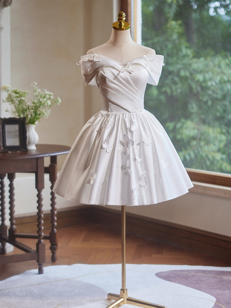 Elegant Off Shoulder A-Line Satin White Short Prom Dress with Butterfly Applique - Perfect for Homecoming, Cocktail Parties & Special Occasions