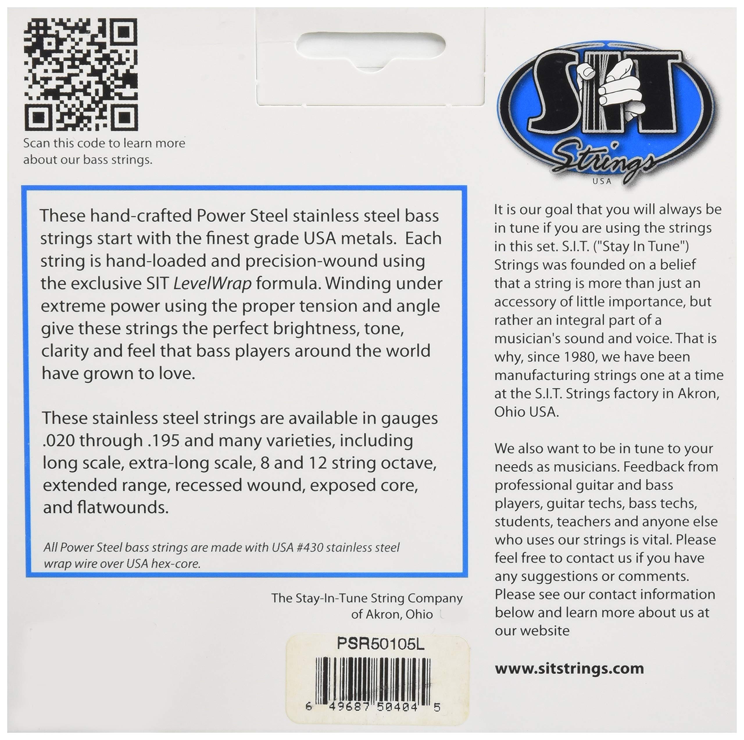 SIT Power Steel Stainless Steel Bass Guitar Strings - 4 String Medium Gauge (50-105) for Enhanced Tone & Durability | Perfect for Rock, Jazz & Studio Recording | PSR50105L