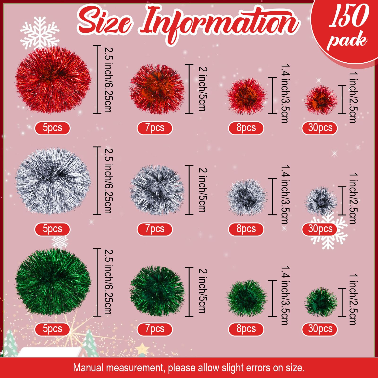 150 Pcs Large Glitter Tinsel Pom Poms (2.5