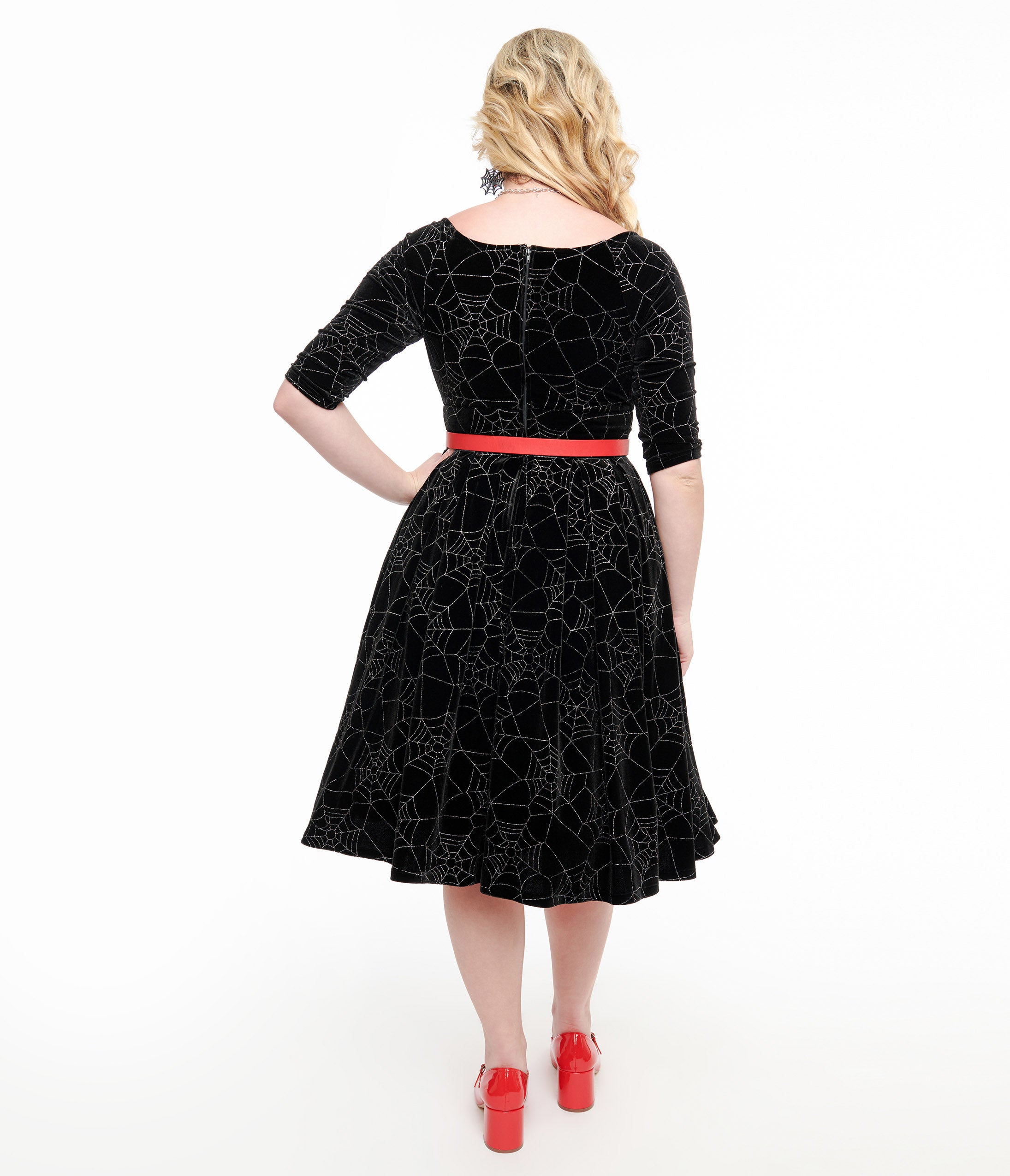 Vintage 1950s Black Velvet Swing Dress with Silver Spiderweb Design - Retro Pinup Style for Halloween, Costume Parties & Special Occasions