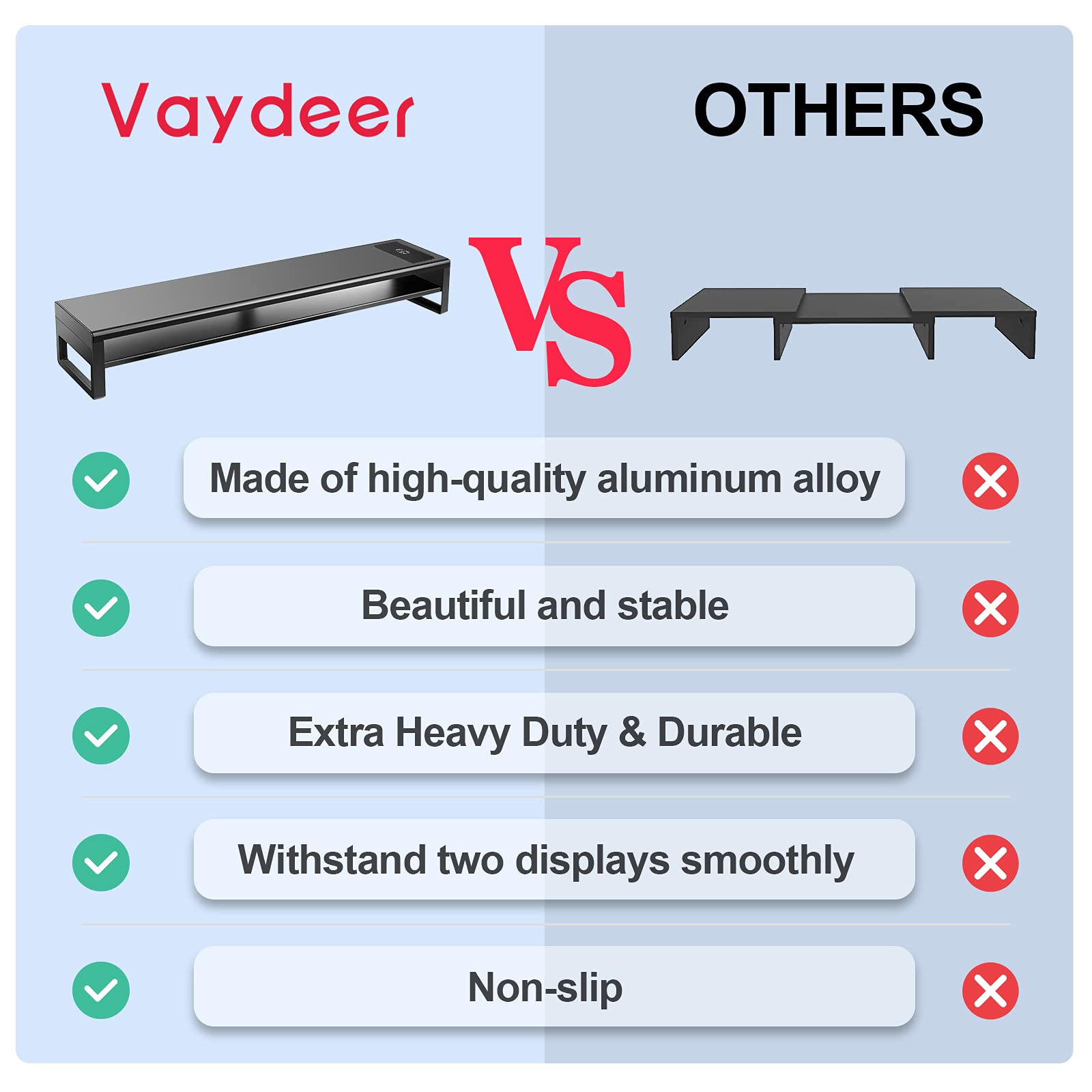 Vaydeer 2-Tier Dual Monitor Stand with Wireless Charging & USB 3.0 Hub - Aluminum Monitor Riser for PC, Laptop, TV - Space Saving Desk Organizer for Home & Office Workspace
