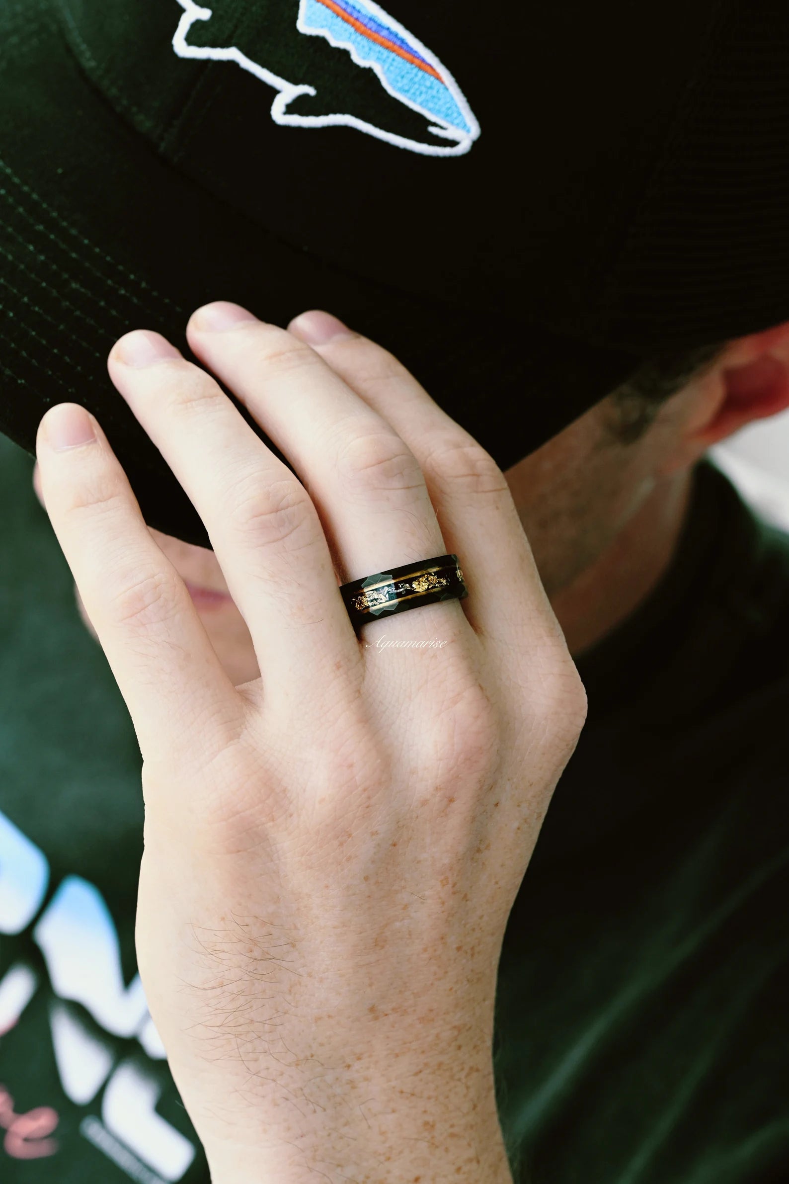 Black Onyx & Meteorite Gold Leaf Couples Ring - Elegant Matching Wedding Bands for Him & Her - Perfect for Anniversaries, Engagements and Romantic Gifts