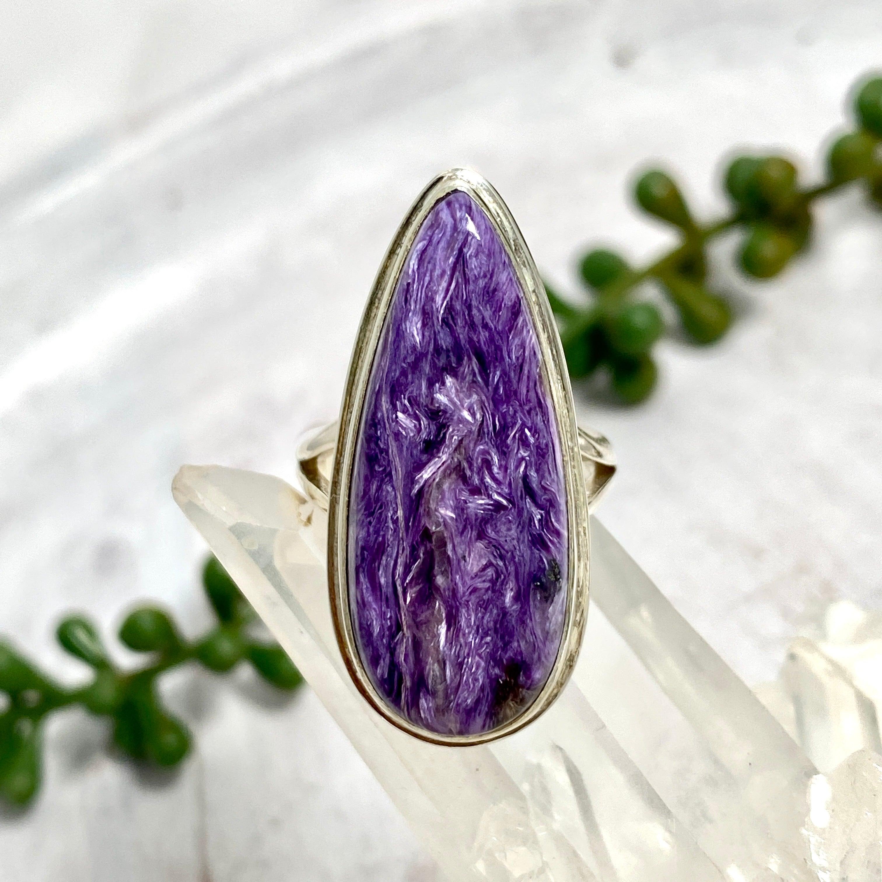 Charoite Teardrop Ring - Size 8 - KRGJ2078 - Elegant Purple Gemstone Jewelry for Women, Perfect for Weddings, Parties & Special Occasions